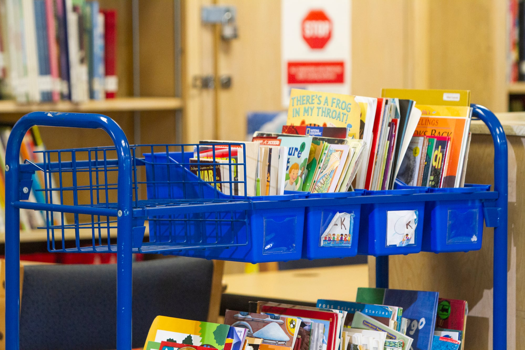 A blue cart of books organized alphabetically.