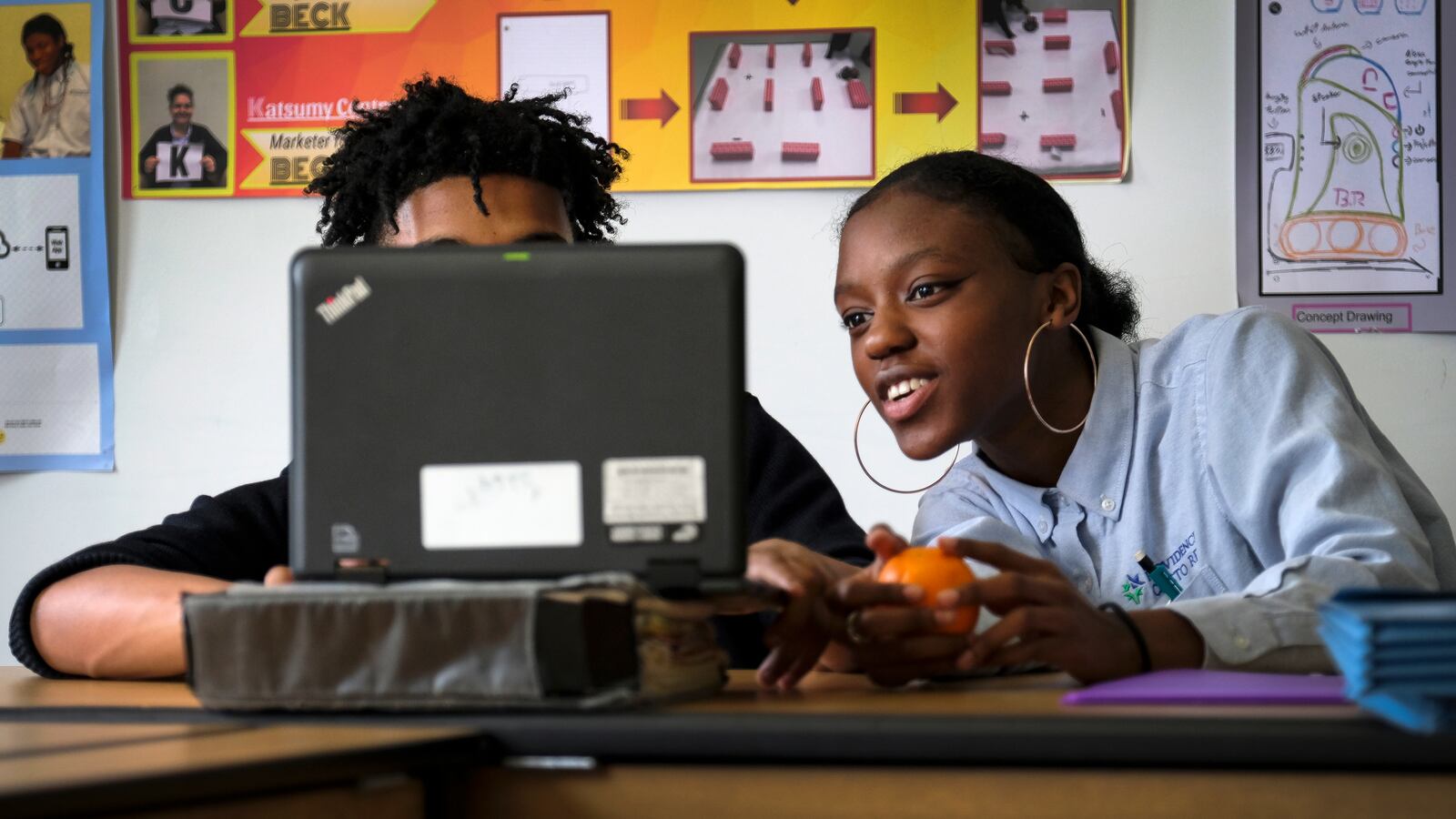 Students in a classroom use a laptop computer at Providence Cristo Rey High School, a private, Roman Catholic high school in Indianapolis, Indiana.
