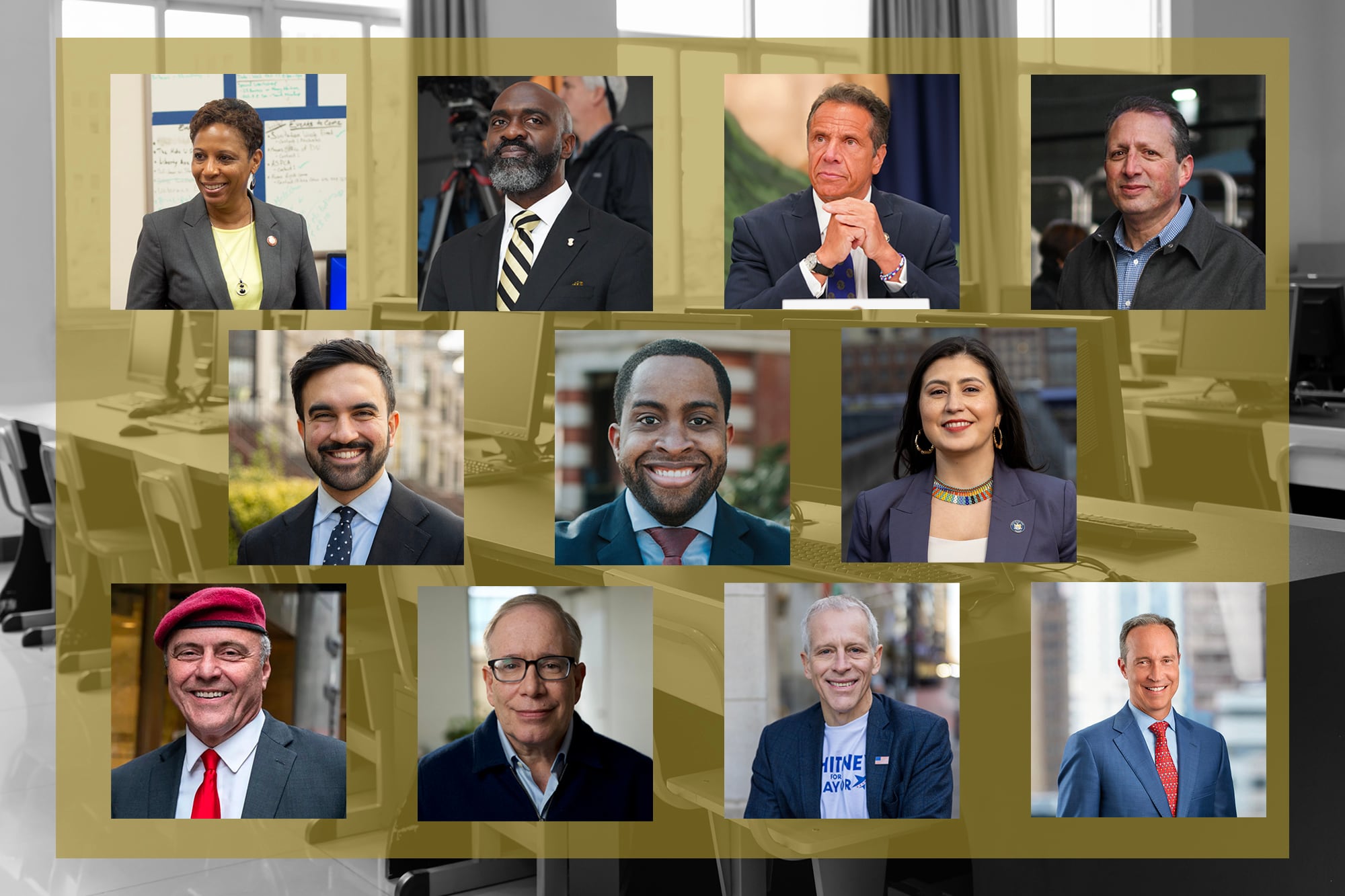 Eleven individual portraits on a transparent yellow background on a black and white photograph of a computer lab.