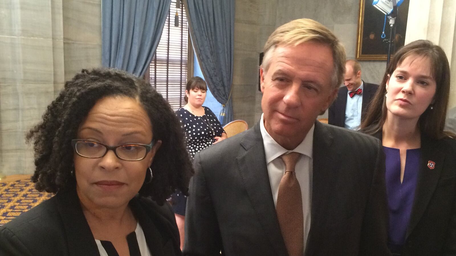 From left: Achievement School District Superintendent Malika Anderson answers questions at a 2015 news conference with Gov. Bill Haslam and Education Commissioner Candice McQueen.