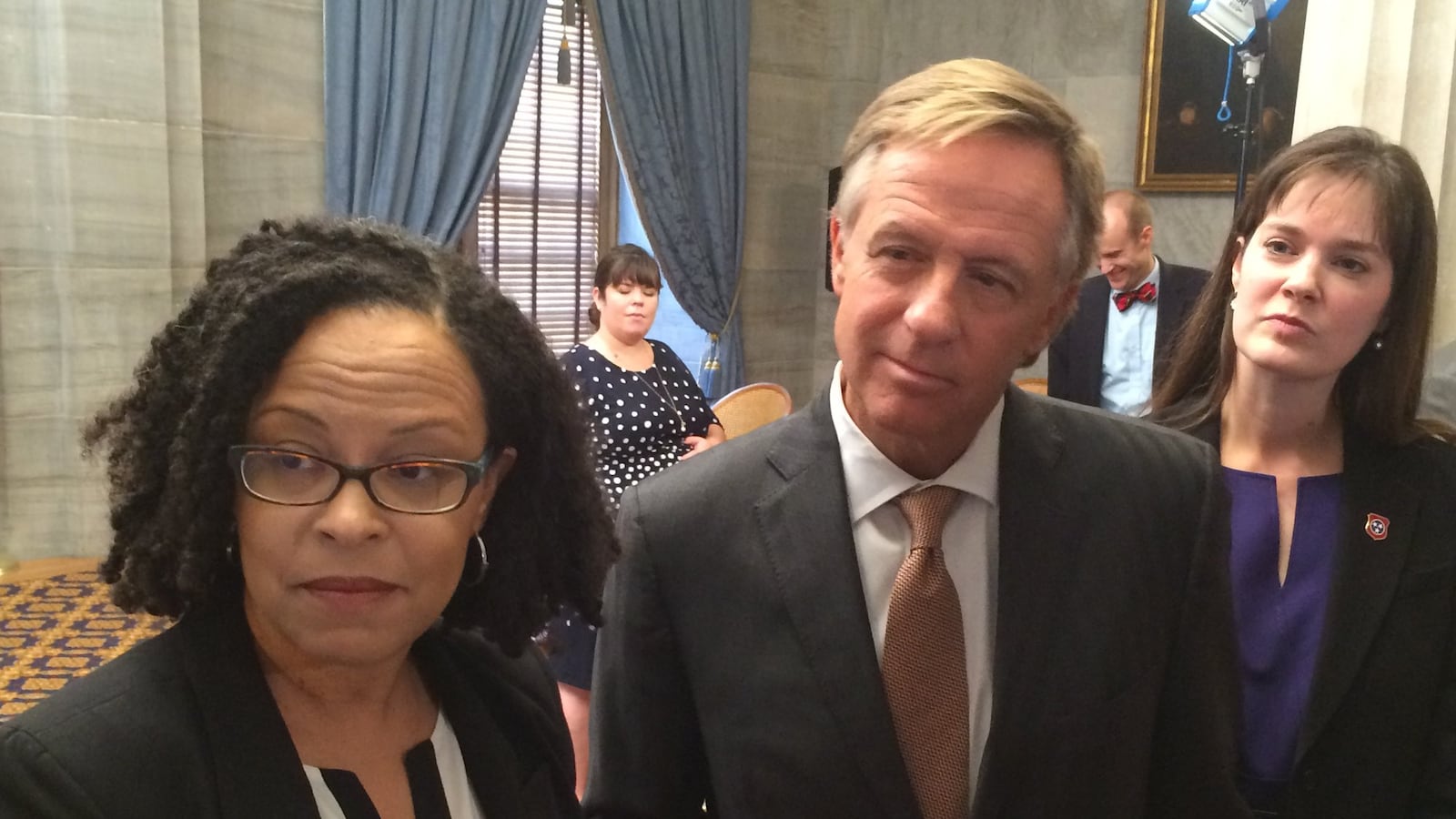 From left: Achievement School District Superintendent Malika Anderson answers questions at a 2015 news conference with Gov. Bill Haslam and Education Commissioner Candice McQueen.