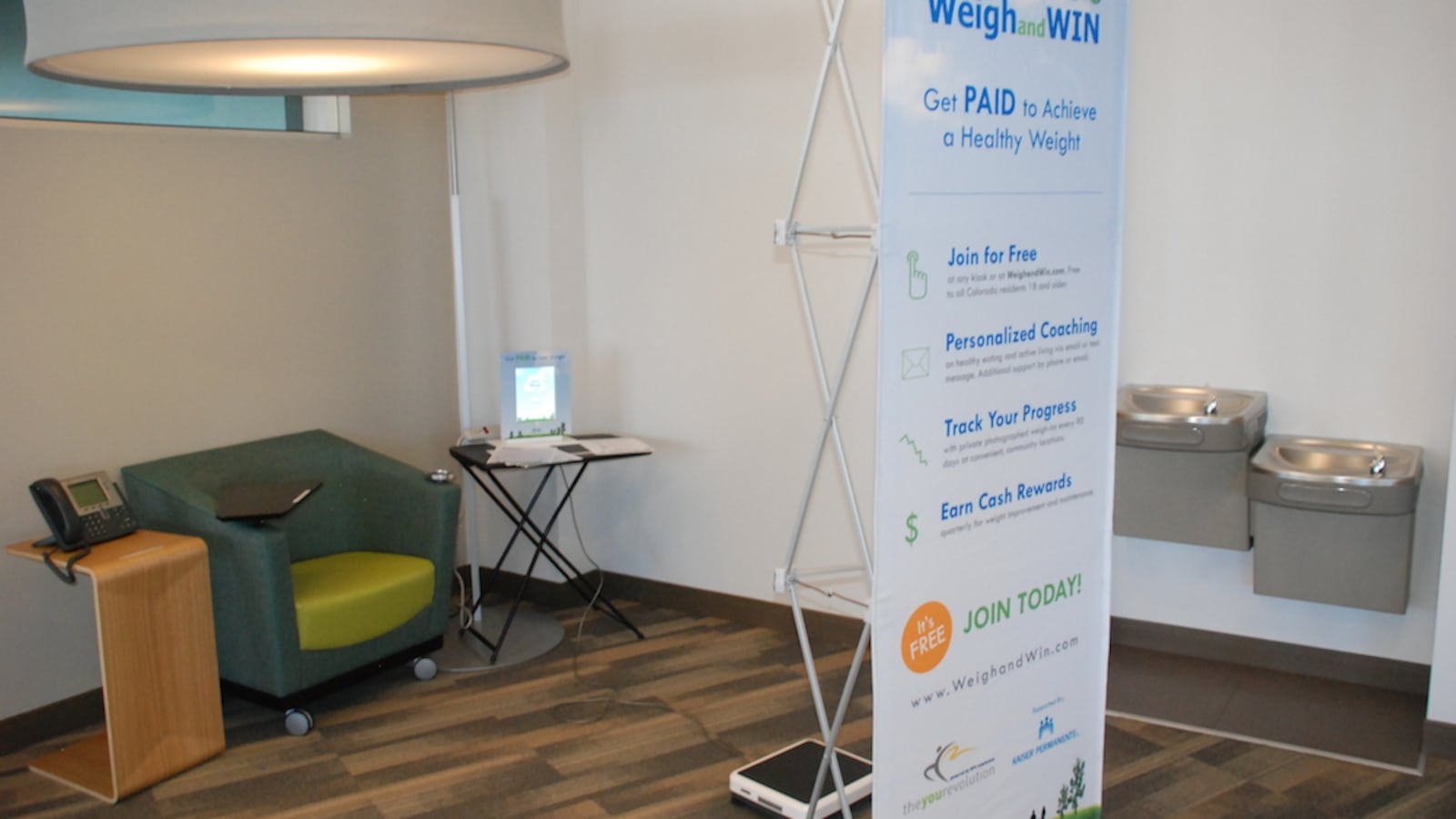 This mobile Weigh and Win kiosk moves around to different Denver Public School buildings.