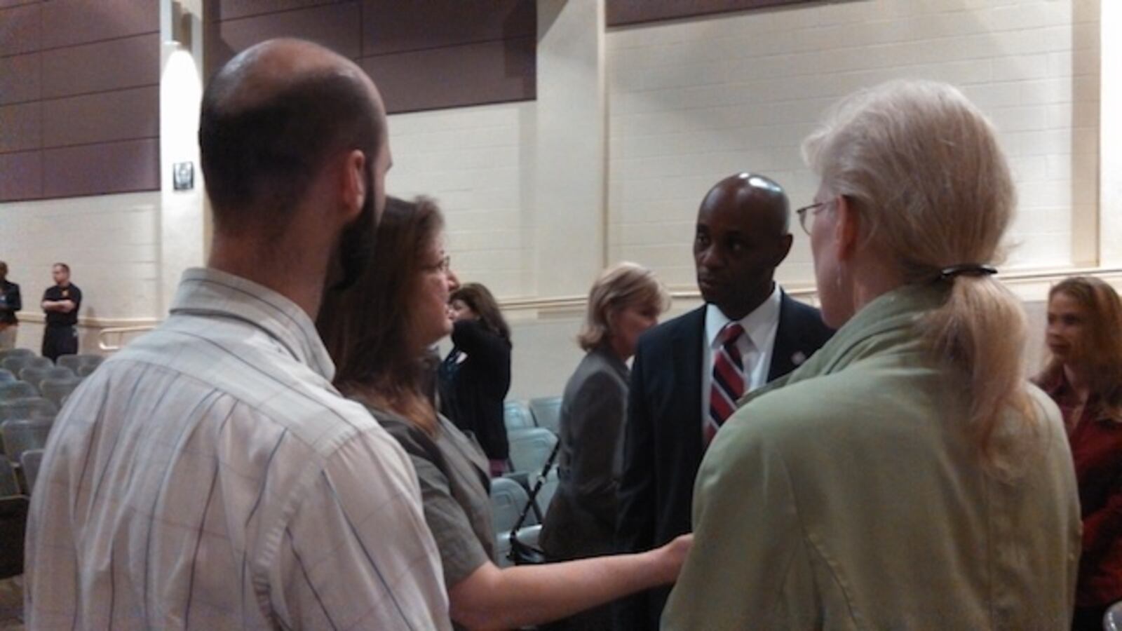 SCS Supt. Dorsey Hopson II talks with world language teachers after Thursday night’s community budget forum at Whitehaven High School,