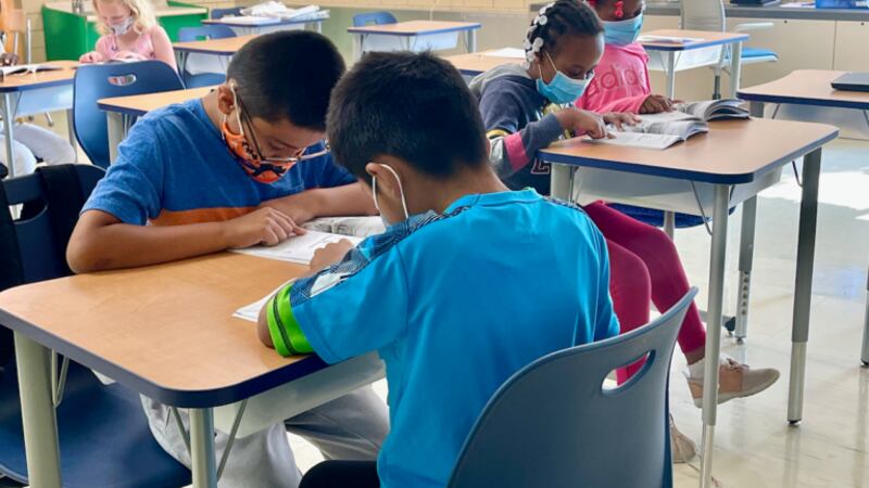 Young students work at their desks in a classroom. The two boys in the foreground are both wearing blue shirts and protective masks.
