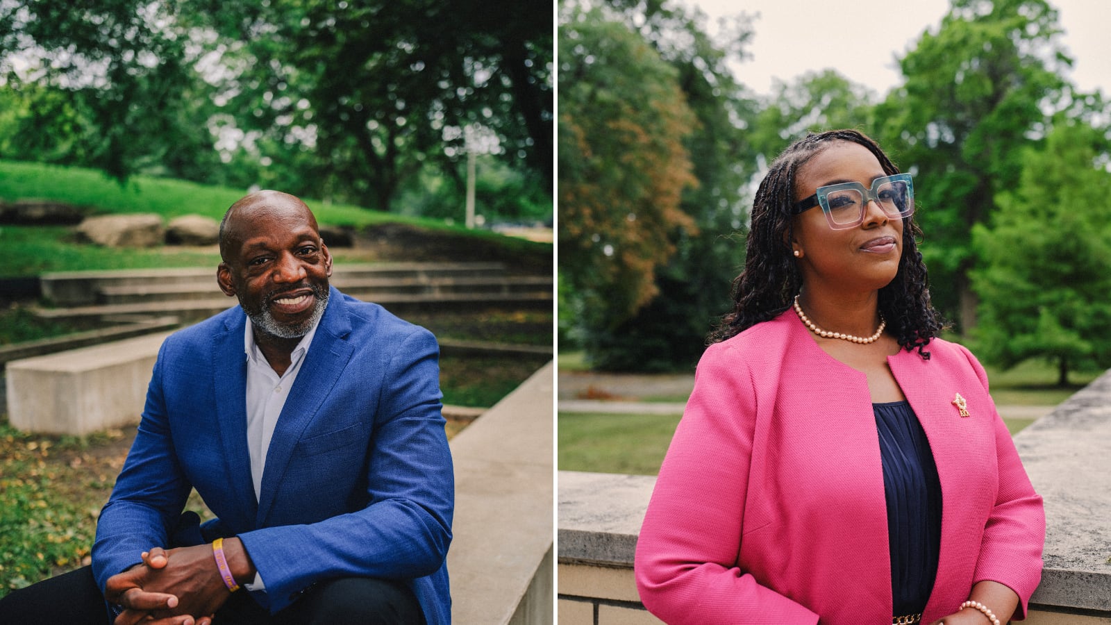 Two photos side by side of one woman and one man looking at the camera posing for a portrait.
