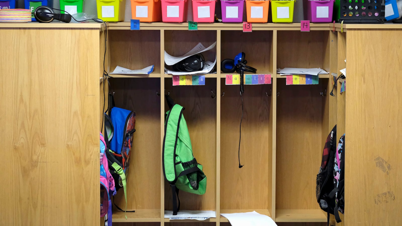 Student cubbies in a classroom Thomas Gregg Neighborhood School, an elementary school in Indianapolis, Indiana. —April, 2019— Photo by Alan Petersime/Chalkbeat