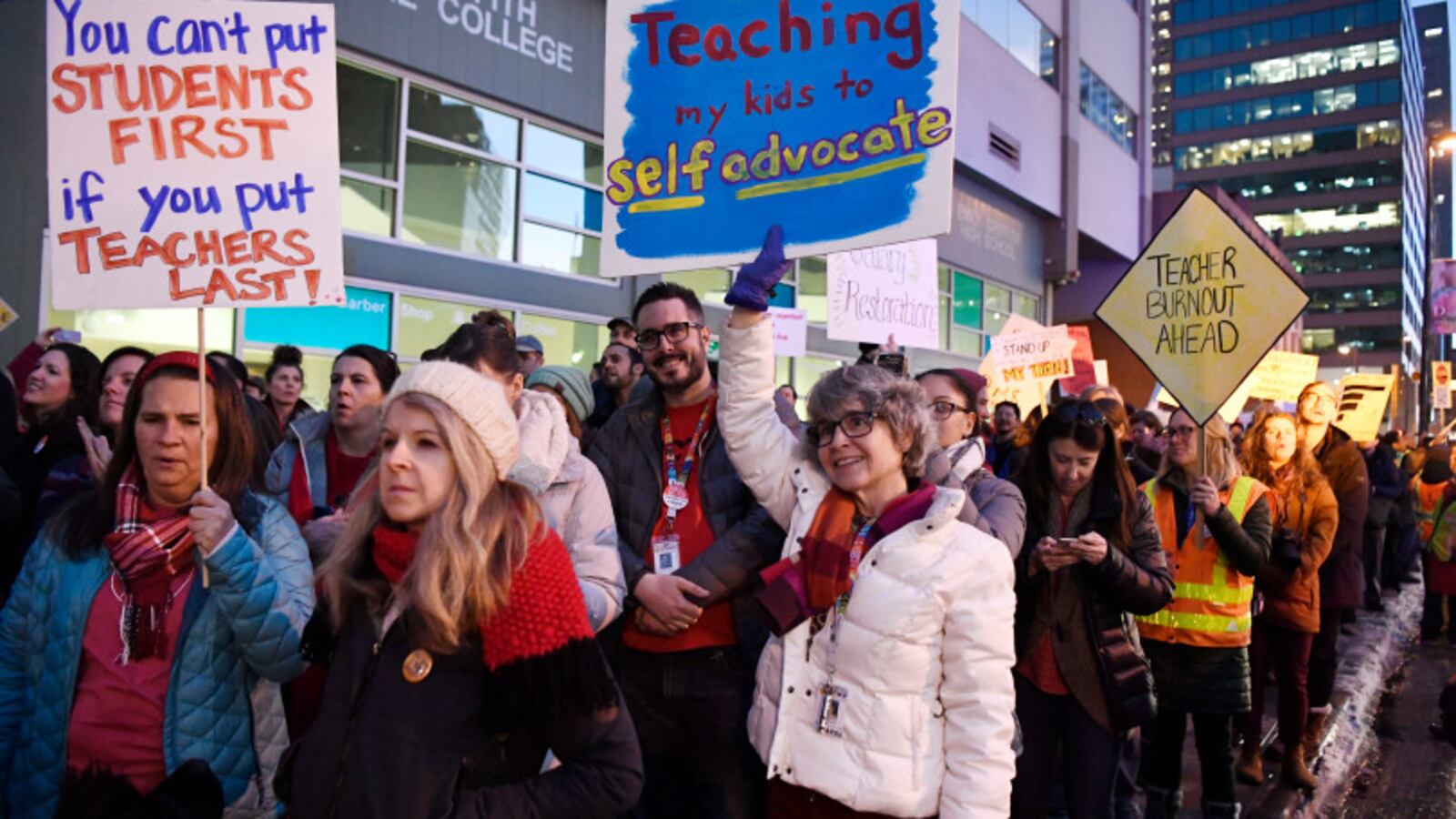 Denver Classroom Teachers Association teachers and supporters rally out in front of the Denver Public Schools headquarters on January 30, 2019, demanding better wages and urging the state not to get involved in a possible strike.