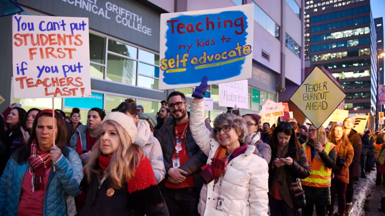 Denver Classroom Teachers Association teachers and supporters rally out in front of the Denver Public Schools headquarters on January 30, 2019, demanding better wages and urging the state not to get involved in a possible strike.