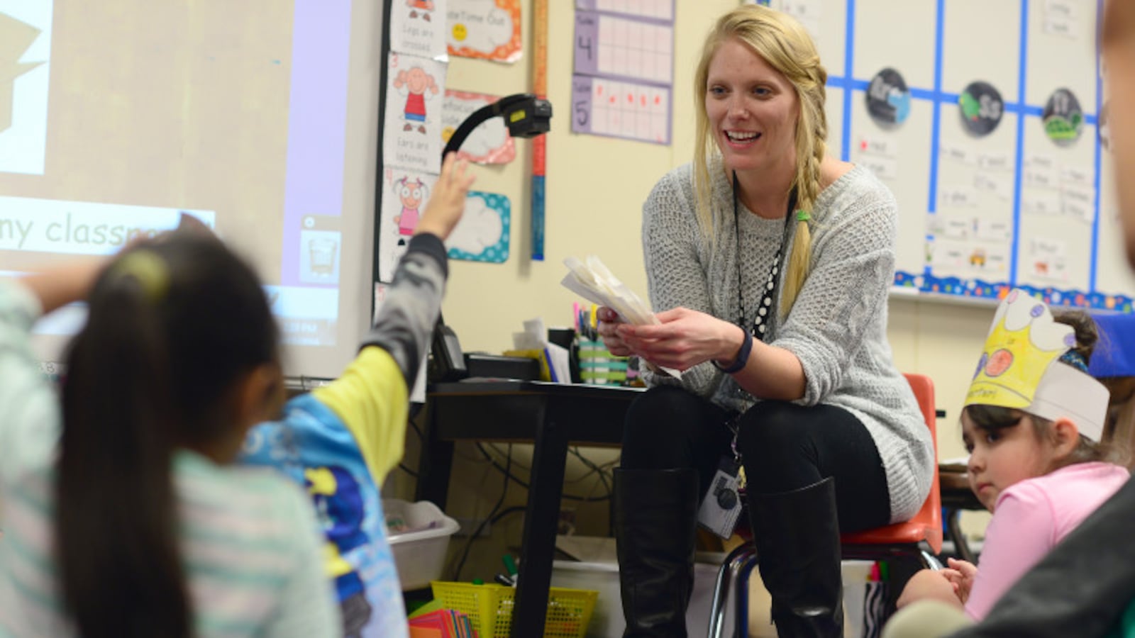 Jordan Crosby and her students in her kindergarten class at Crawford Elementary on February 17, 2016 in Aurora, Colorado. (Photo by Brent Lewis/The Denver Post)