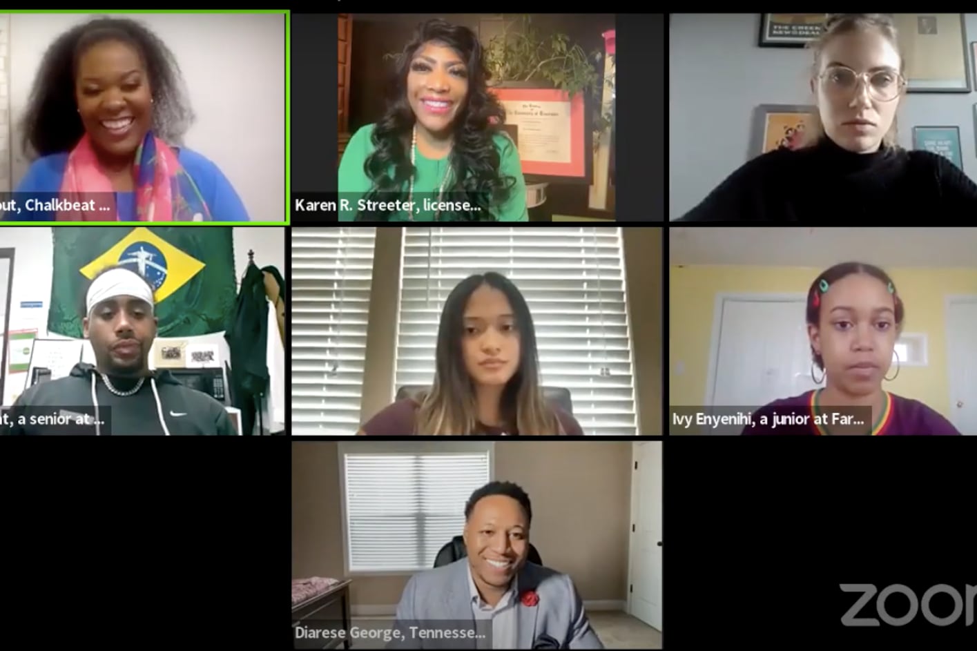 Six people speak on a virtual panel over Zoom