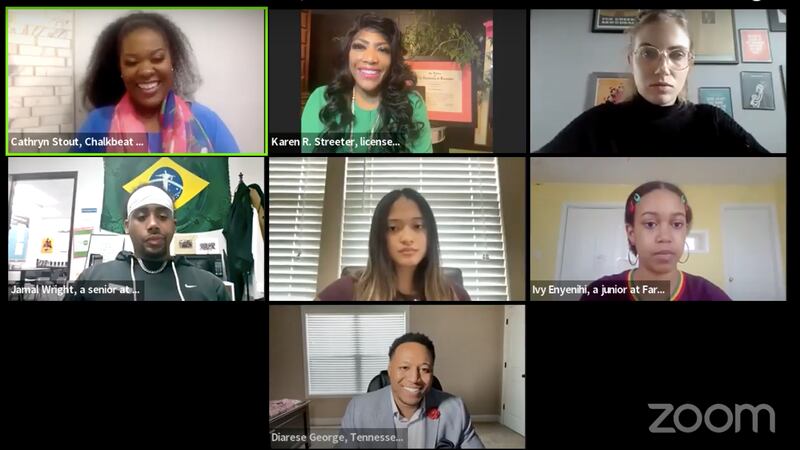 Six people speak on a virtual panel over Zoom