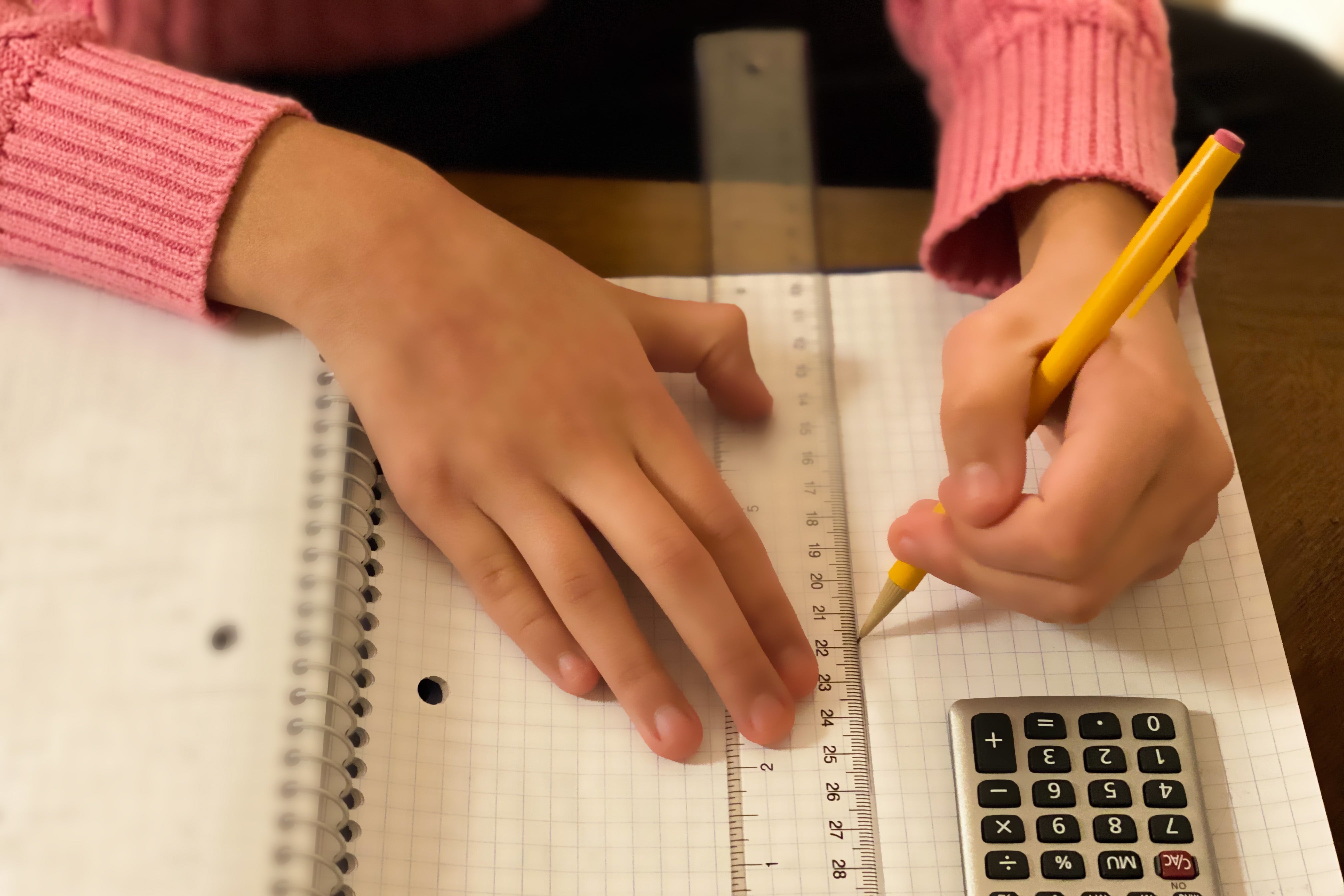 a girl holds a pencil and ruler and works in a notebook.