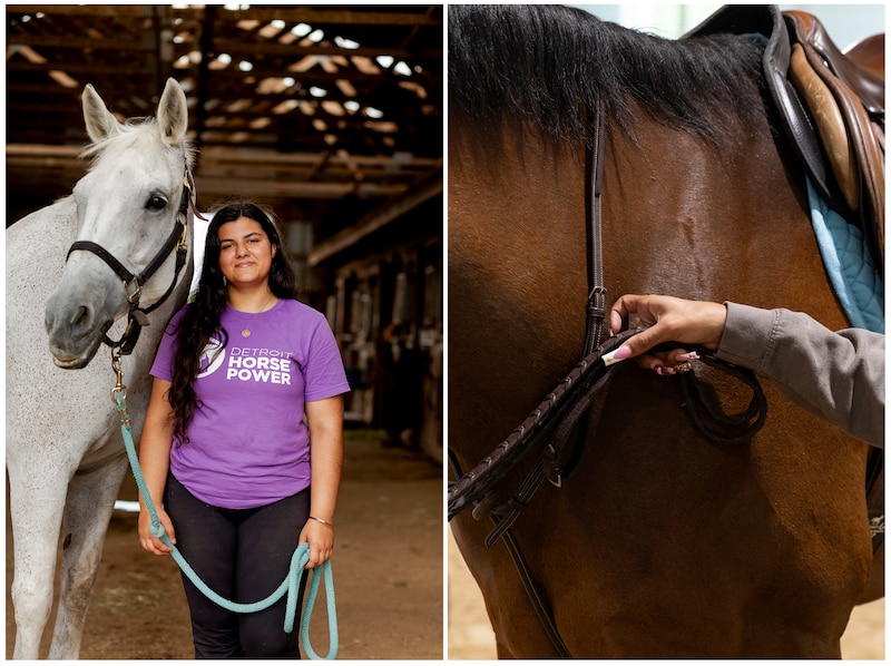 A diptych of two photographs the one on the left is a young woman posing for a photograph with a white horse and the image on the right is a close up of a hand with long nails holding reins.