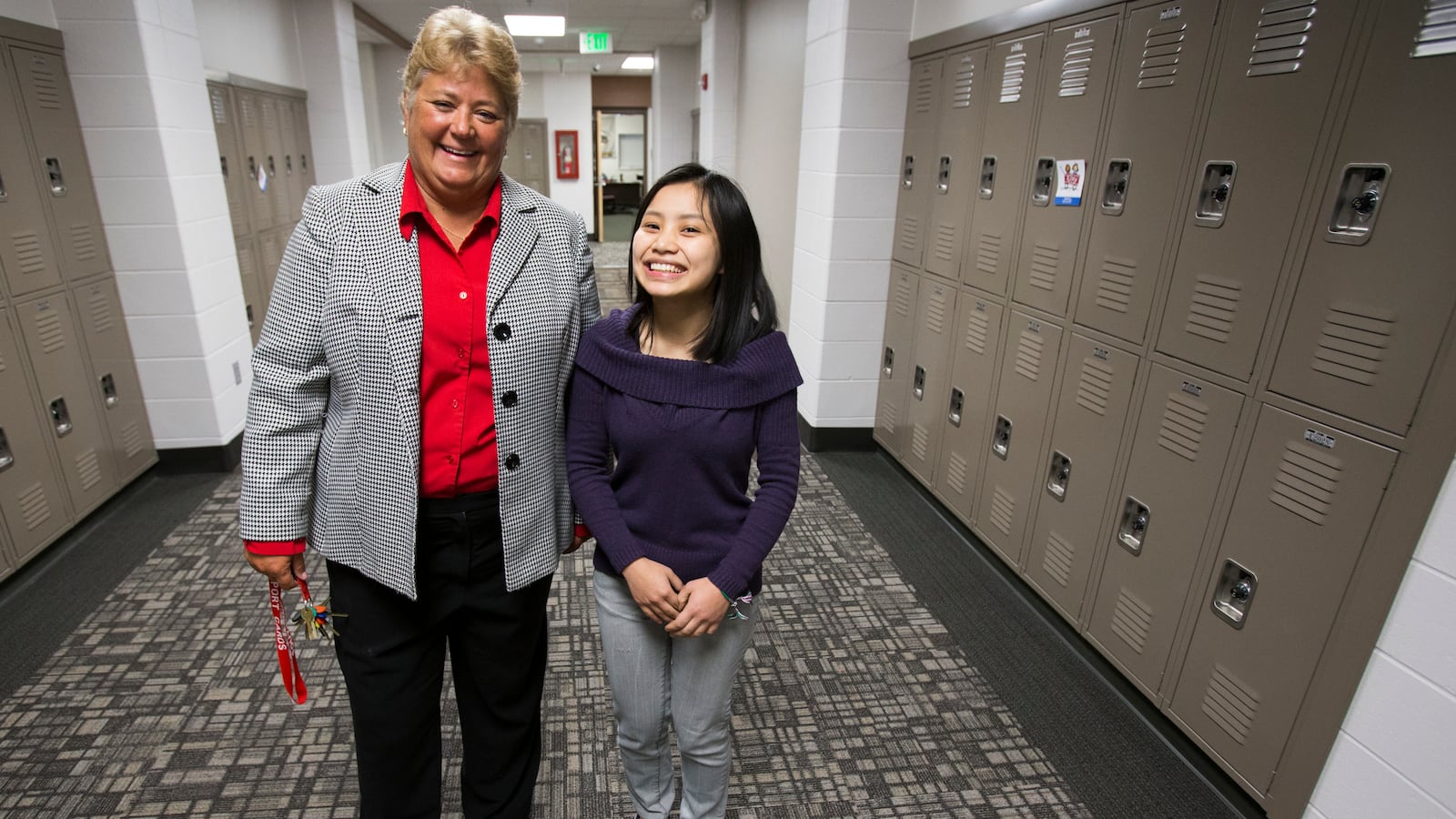 Barbara Brouwer, principal at Southport High School, poses for a photo with Elly Mawi, a senior at the school. Brouwer has been instrumental in leading the school as its English language learner population has grown.