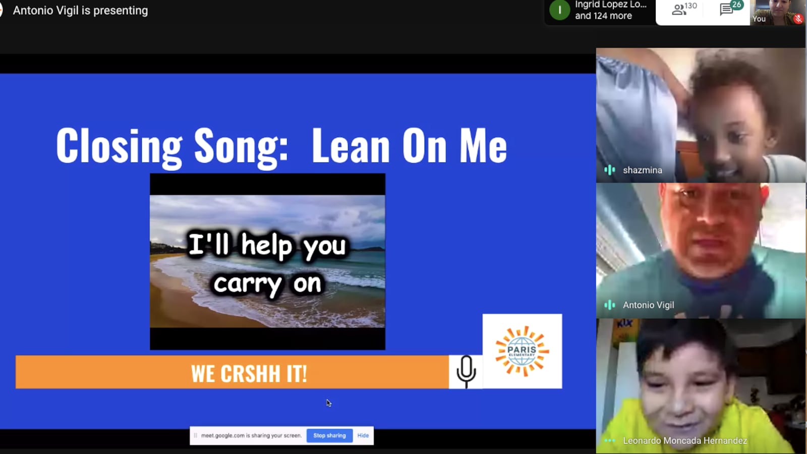 A screenshot of the first Paris Elementary virtual assembly on April 10, 2020.