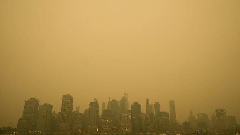 A yellow pall of pollution hangs over NYC’s skyline.