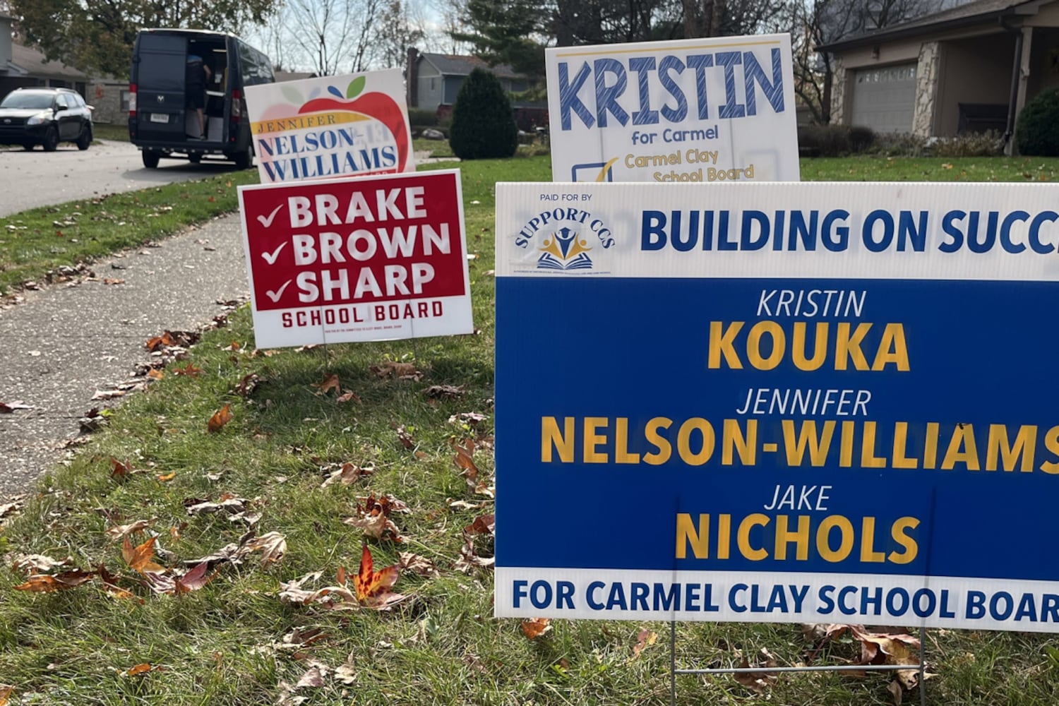 election campaign signs in the grass along a sidewalk