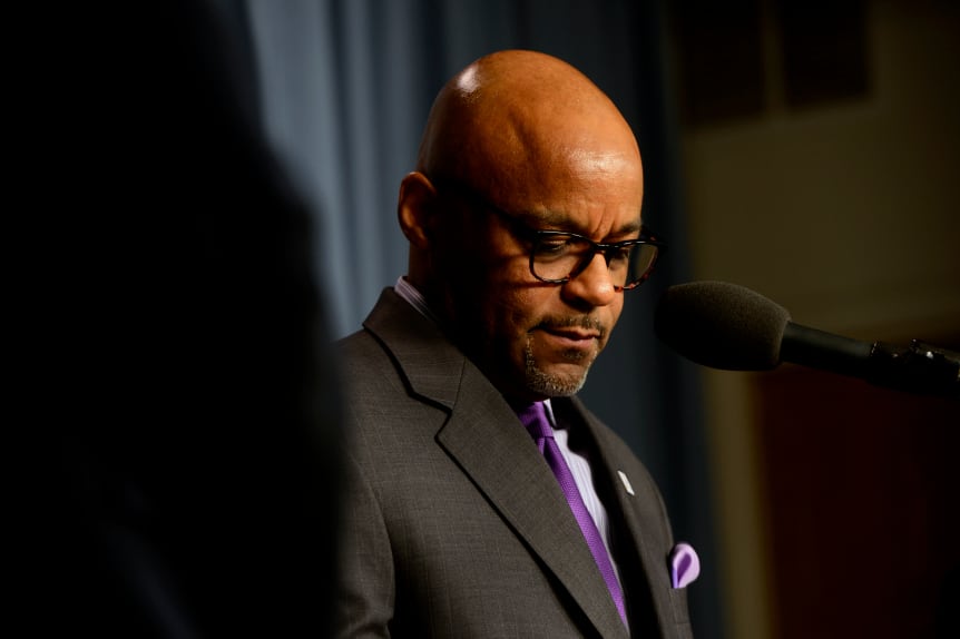 Denver Mayor Michael Hancock at a press conference in March 2020.
