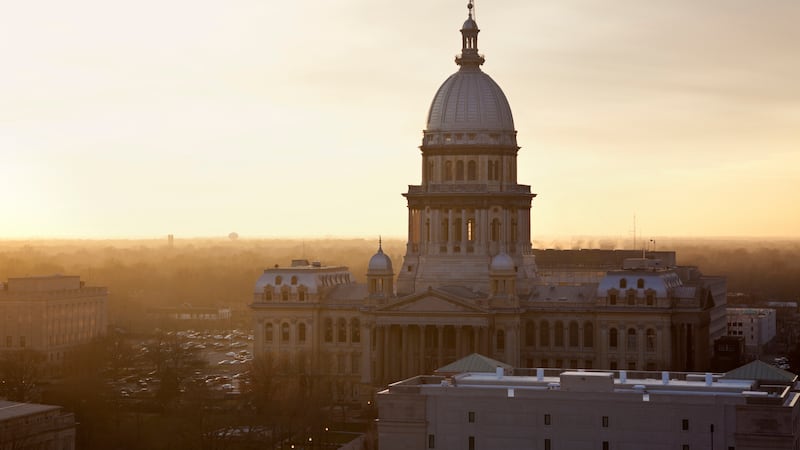 A view of the capitol in Springfield as the sun is setting.