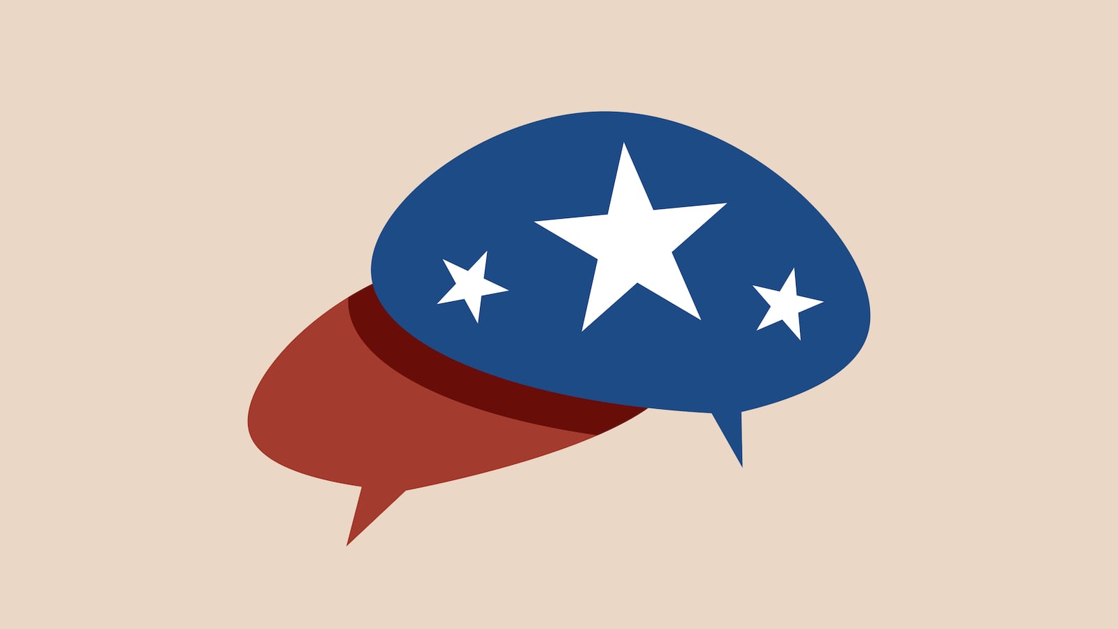 Illustration of two speech bubbles: one red and one blue with three white stars.