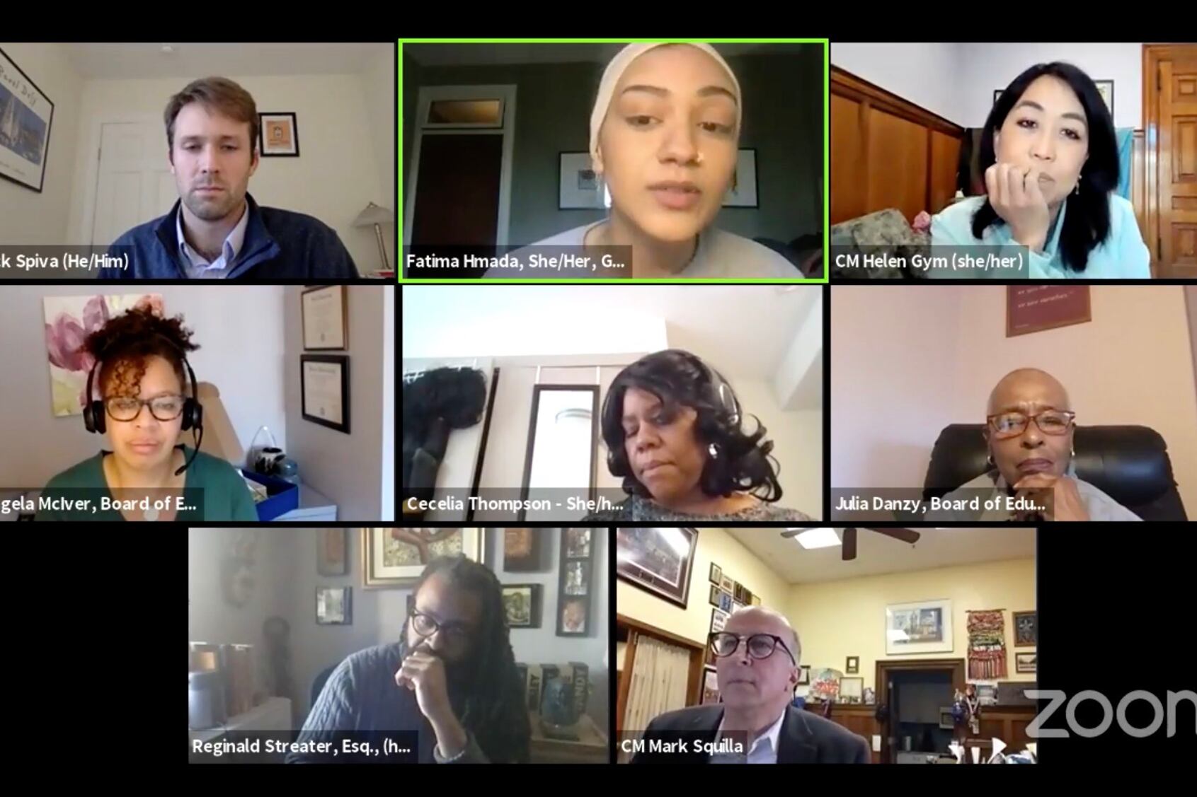 Fatima Hmada, center top row, a senior at Science Leadership Academy at Beeber testifies during a student town hall Tuesday evening.