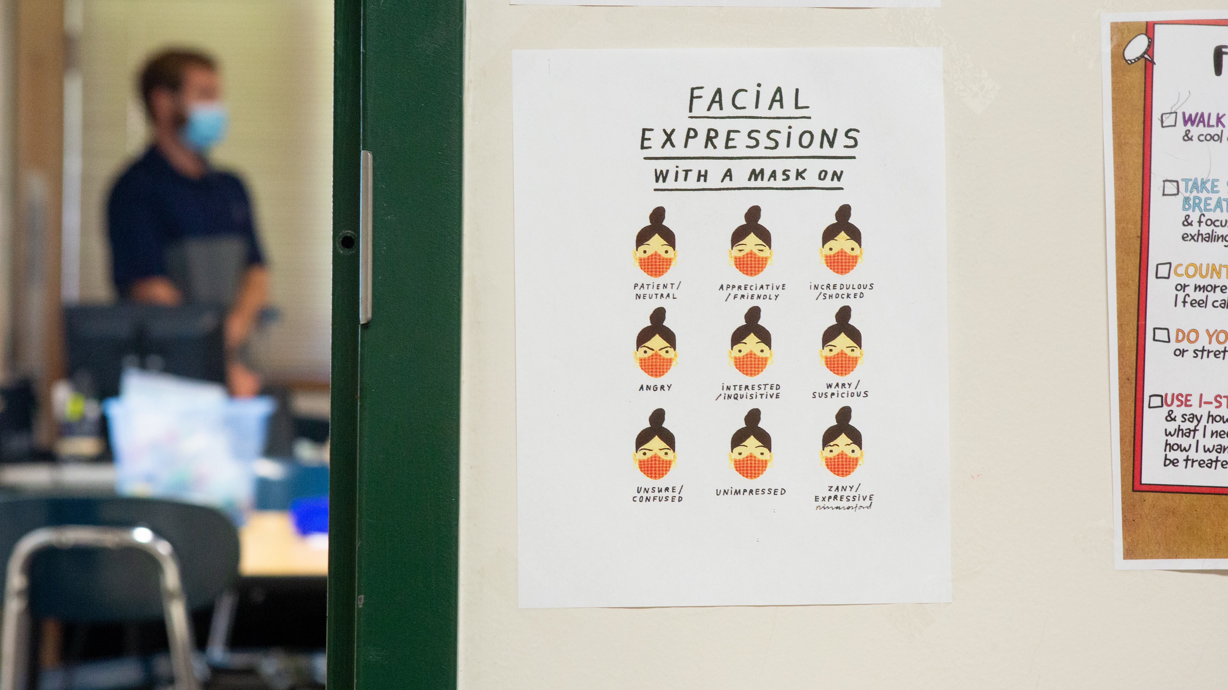 A sign that reads: Facial expressions with a mask on, posted on a wall outside a classroom, where a male is seen standing and wearing a mask.