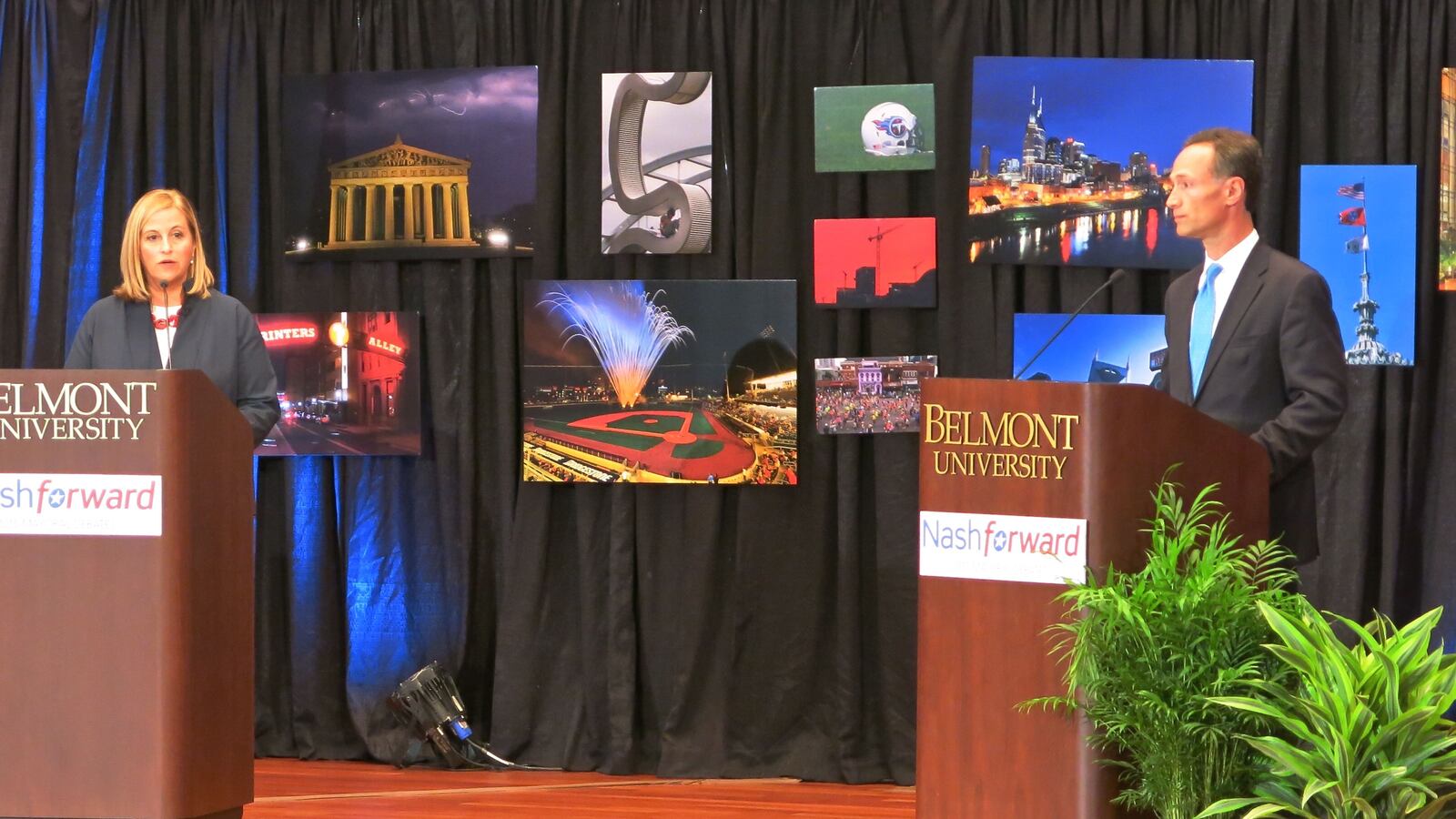 Mayoral candidates Megan Barry and David Fox face off at an August debate at Belmont University.