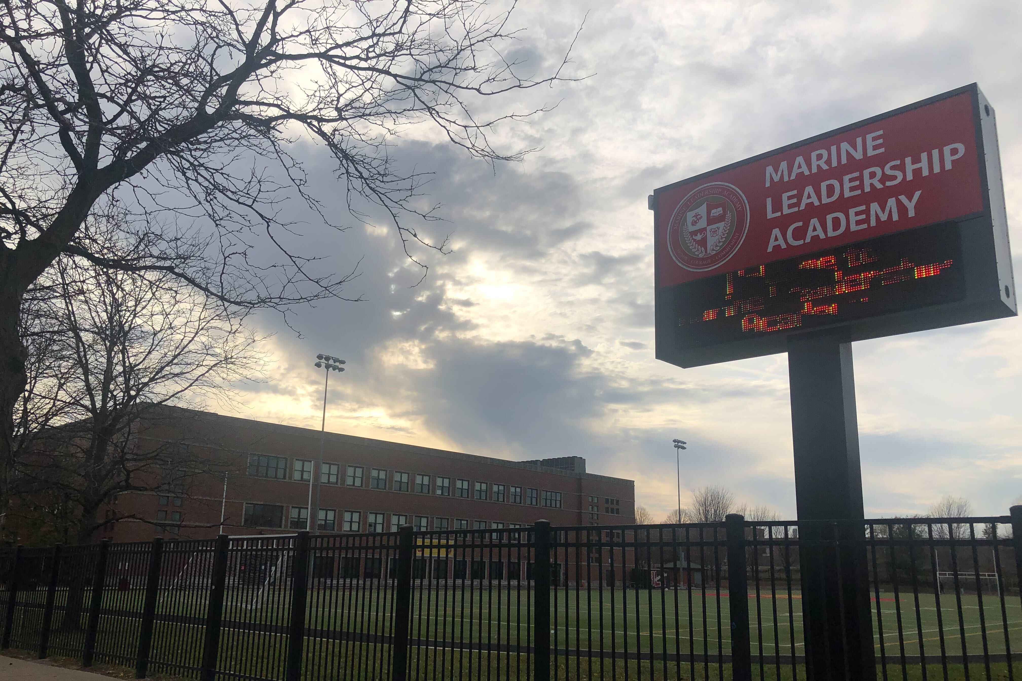 A school marquee outside Marine Leadership Academy in the Logan Square neighborhood in Chicago.