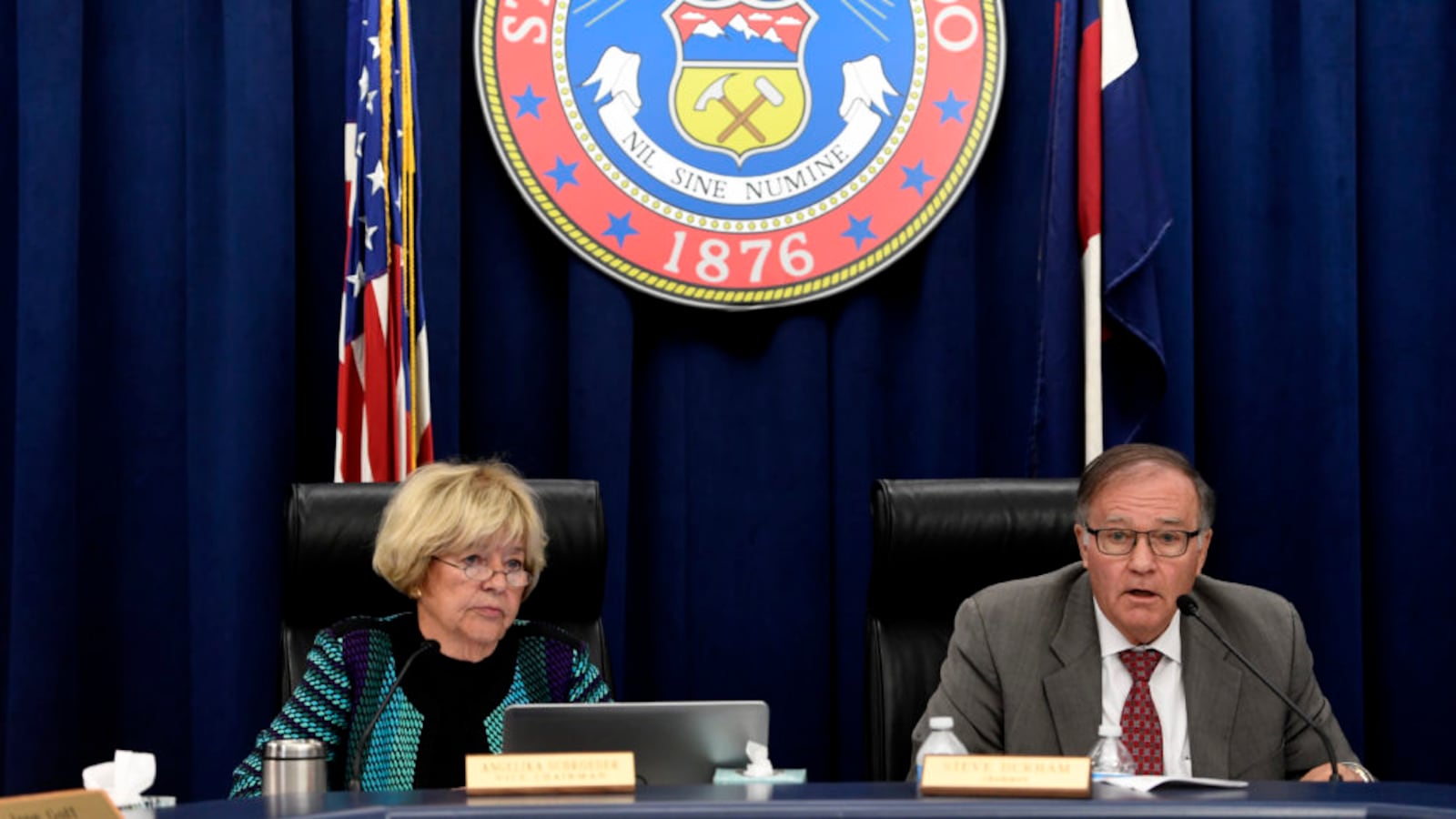 State Board of Education Chair Angelika Schroeder and Vice Chair Steve Durham at a past meeting.