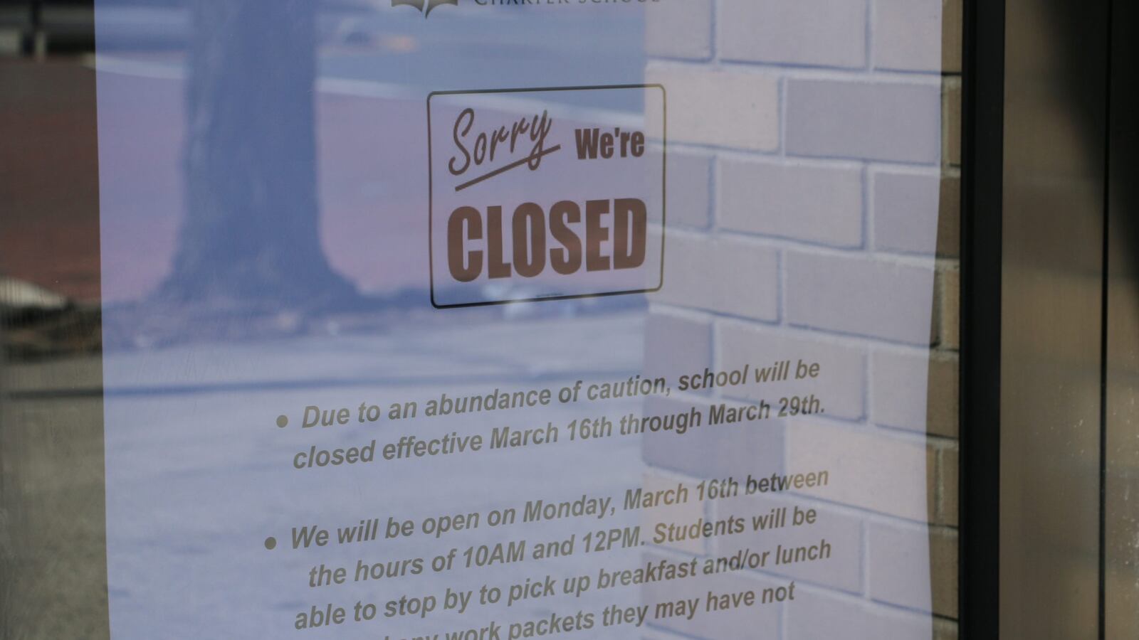 A sign at Great Oaks Legacy Charter School in Newark. Schools throughout the city will temporarily close beginning Monday.