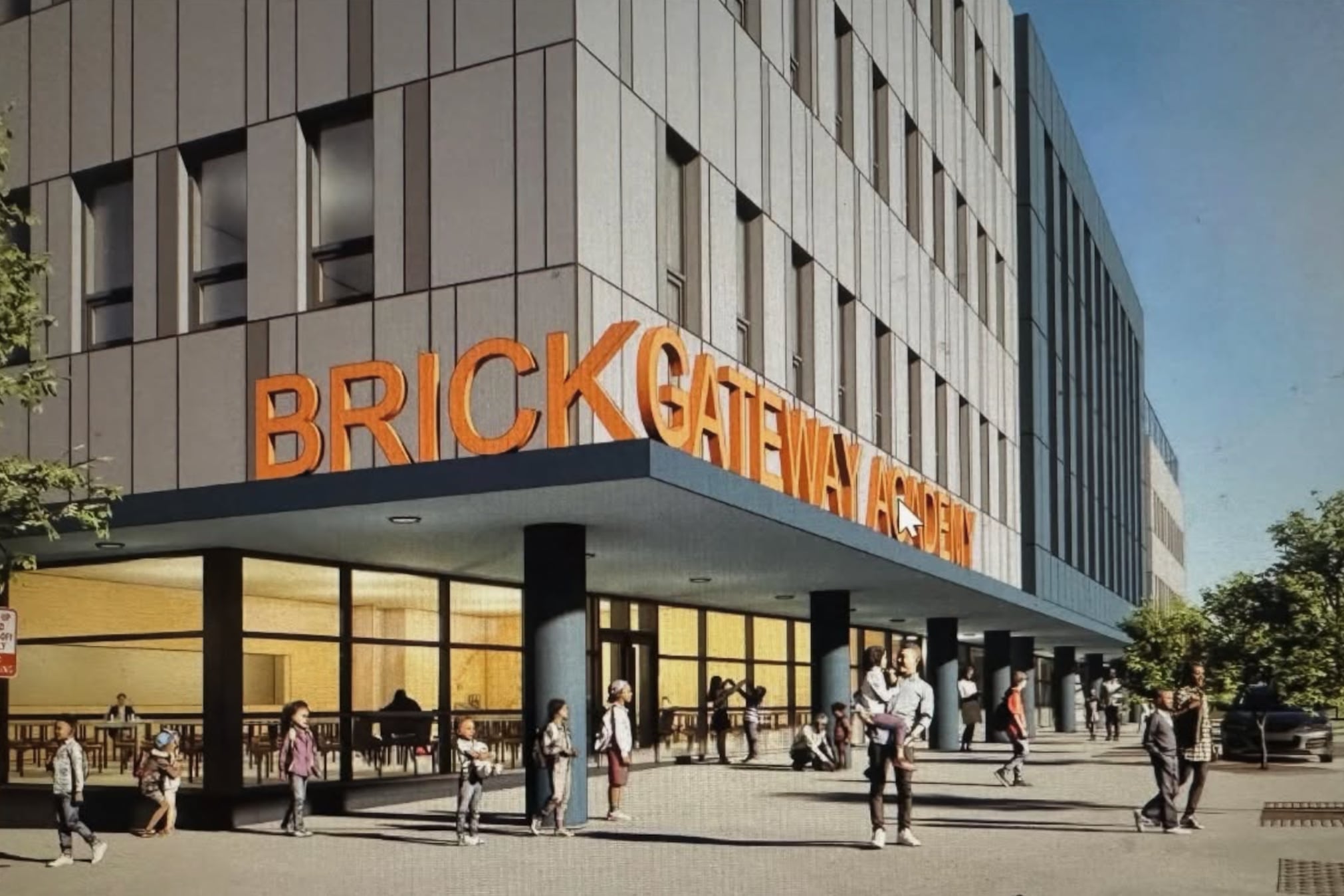 A rendering of a large building with people walking near the front entrance.