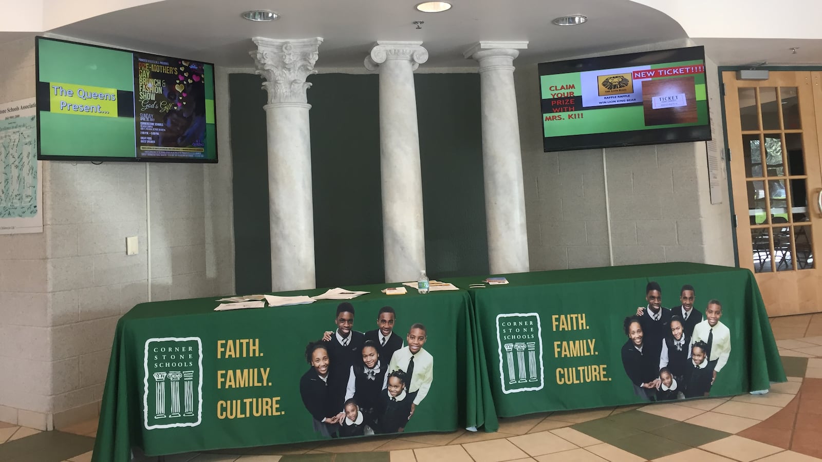 At the Cornerstone charter recruitment gathering, families scooped up documents from a table brandishing the phrase “Faith. Family. Culture.” — the private school’s trademark.