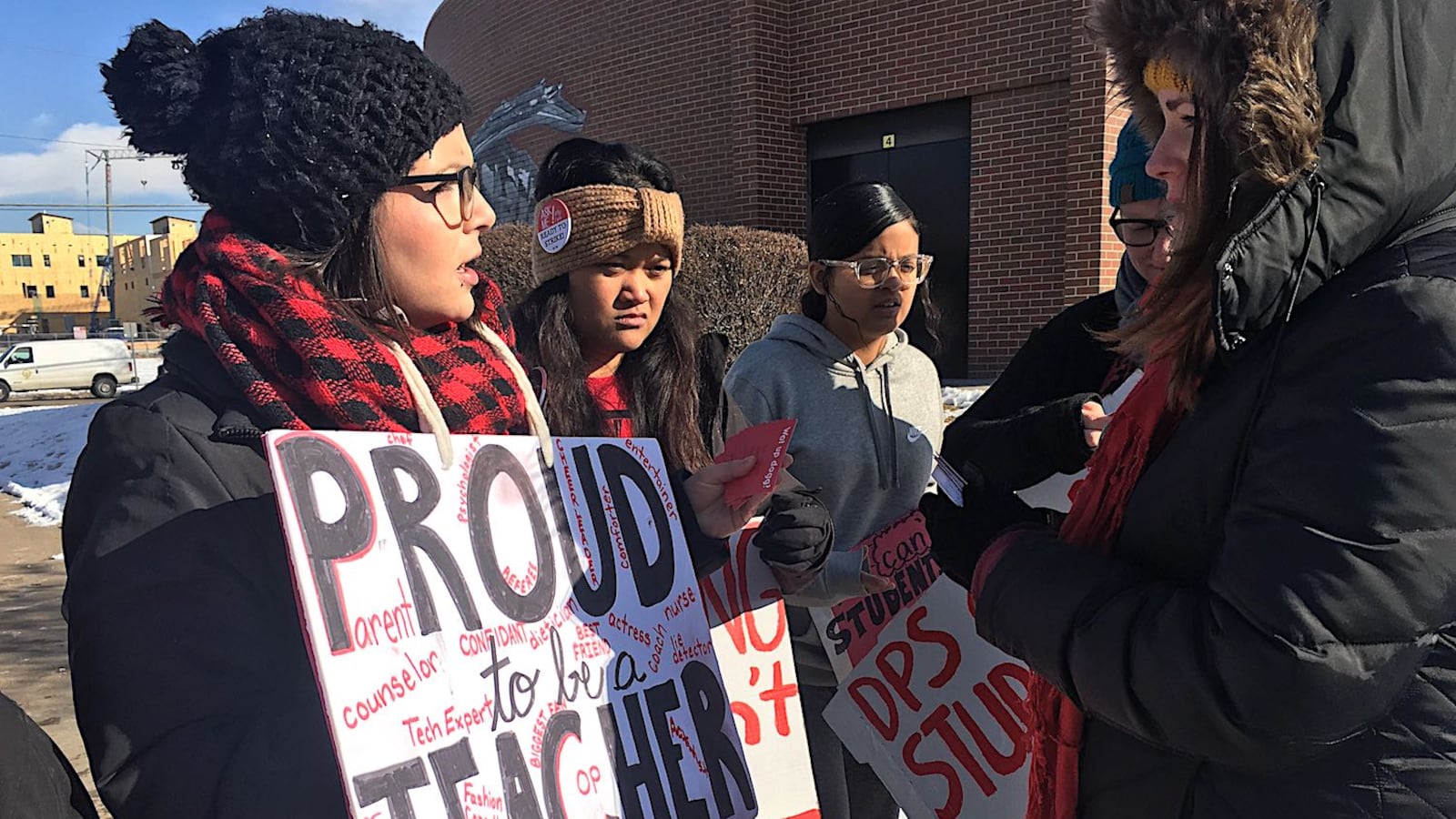 A new group of teachers checks in to walk the picket line at Cheltenham Elementary School on day one of the Denver teacher strike.