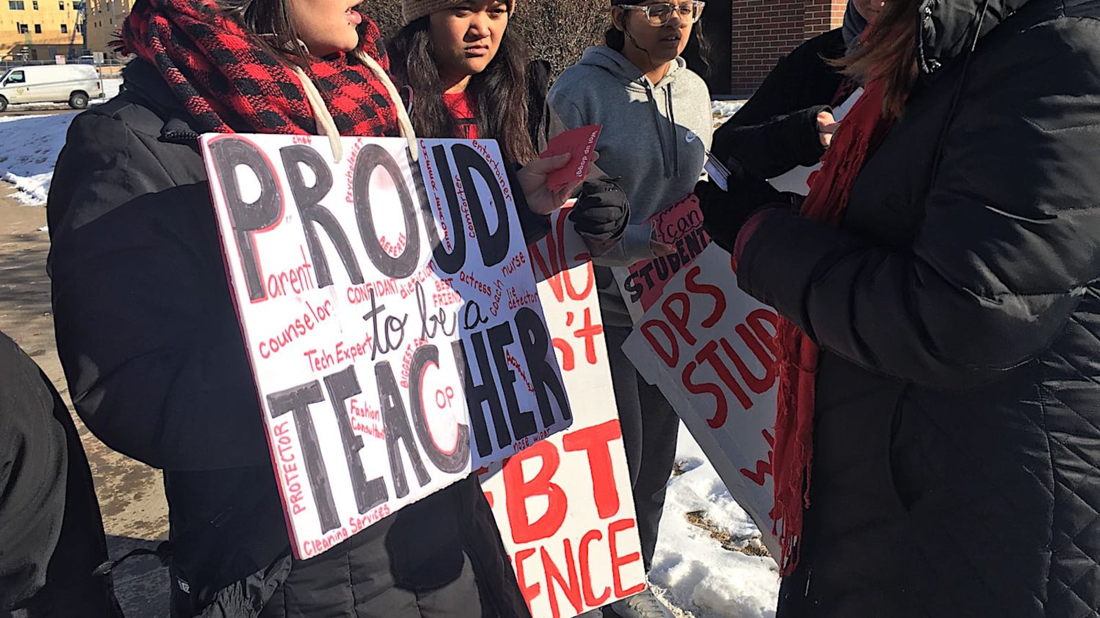 A new group of teachers checks in to walk the picket line at Cheltenham Elementary School on day one of the Denver teacher strike.