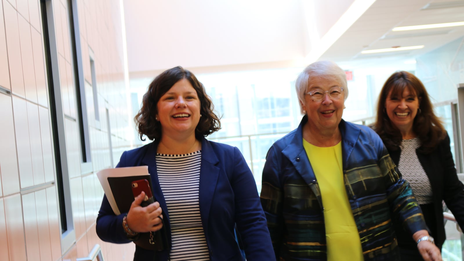 Principal Lauren Keville, left, showed off P.S. 191's brand new building with schools Chancellor Carmen Fariña, center, and District 3 Superintendent Ilene Altschul, back right.