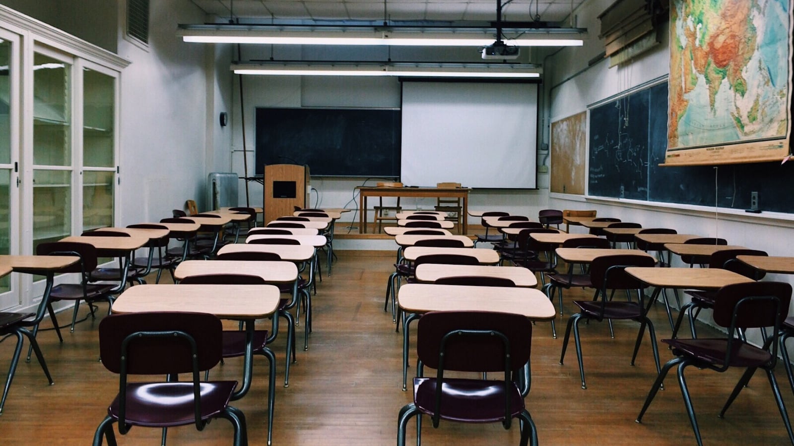 Classroom of empty desks and chairs.