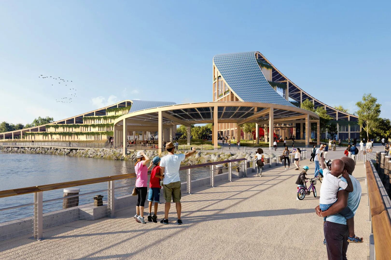 A rendering shows plans for a renovated Yankee Pier at Governors Island, leading toward a new public plaza and new buildings comprising the New York Climate Exchange.