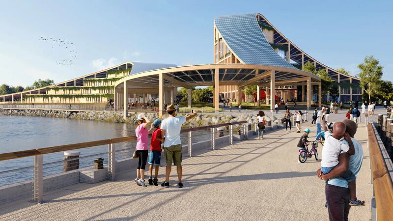 A rendering shows plans for a renovated Yankee Pier at Governors Island, leading toward a new public plaza and new buildings comprising the New York Climate Exchange.