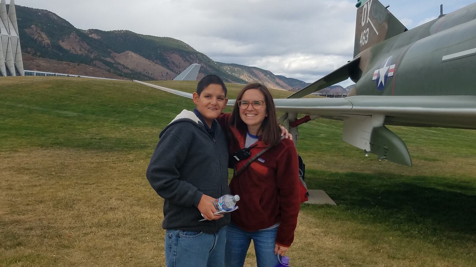 Wendi Sussman, a teacher at STRIVE Prep - Federal in Denver, with an eighth-grade student during a field trip to the Air Force Academy.