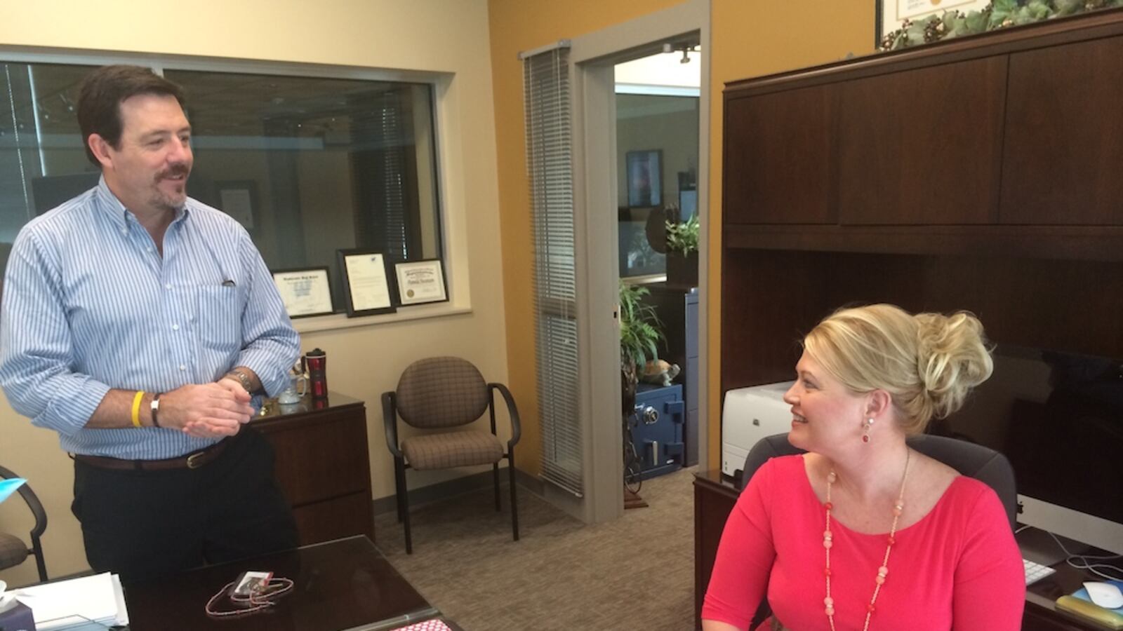 Adams 50 Superintendent Pamela Swanson, right, in her office with the district's spokesman Steve Saunders. Adams 50 officials will meet with the State Board of Education next week to discuss its accreditation rating.