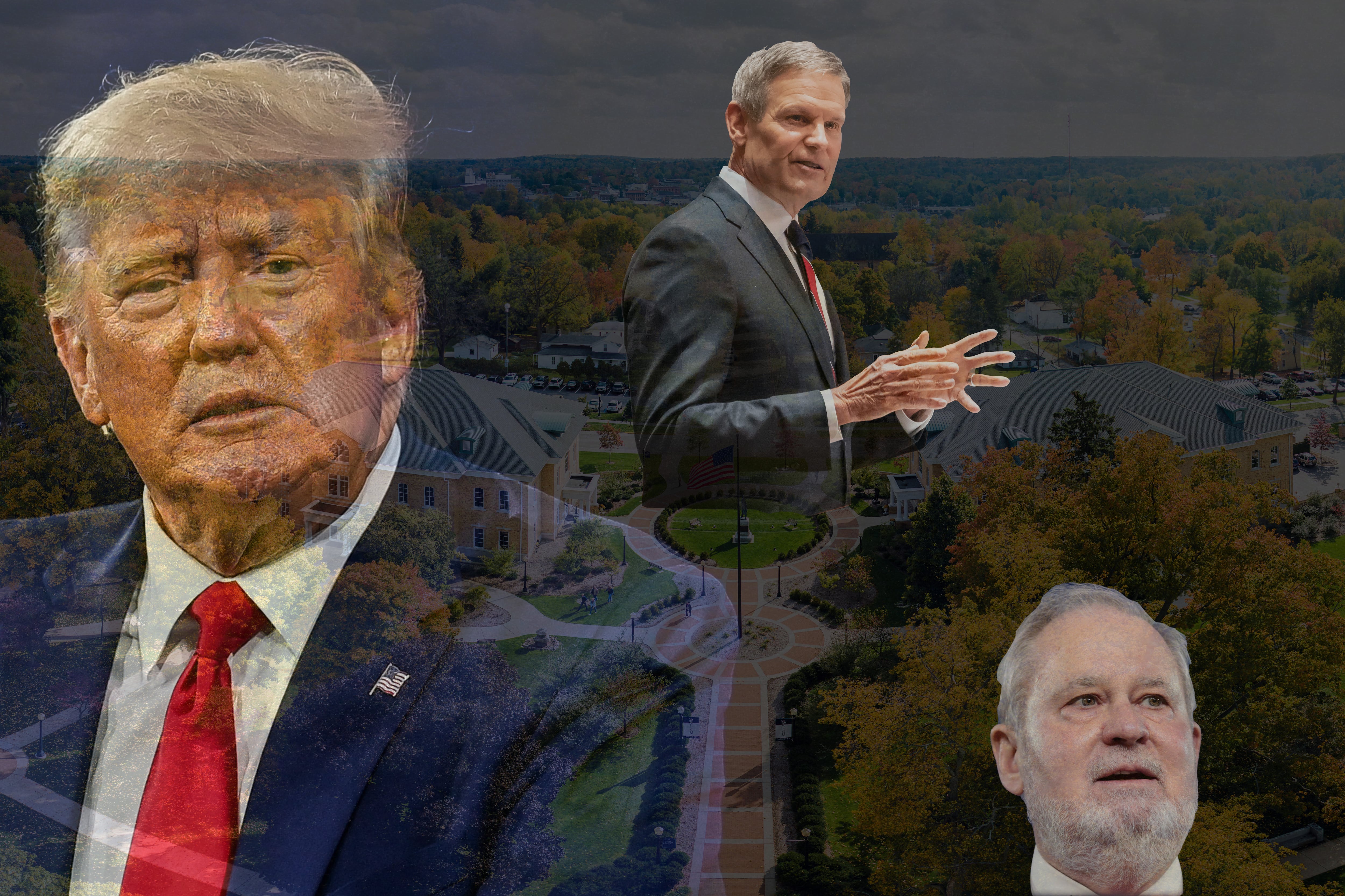 A collage of Donald Trump, Tennessee Governor Bill Lee, and Hillsdale College President Larry P. Arnn, set against a panoramic view of Hillsdale College in Michigan.
