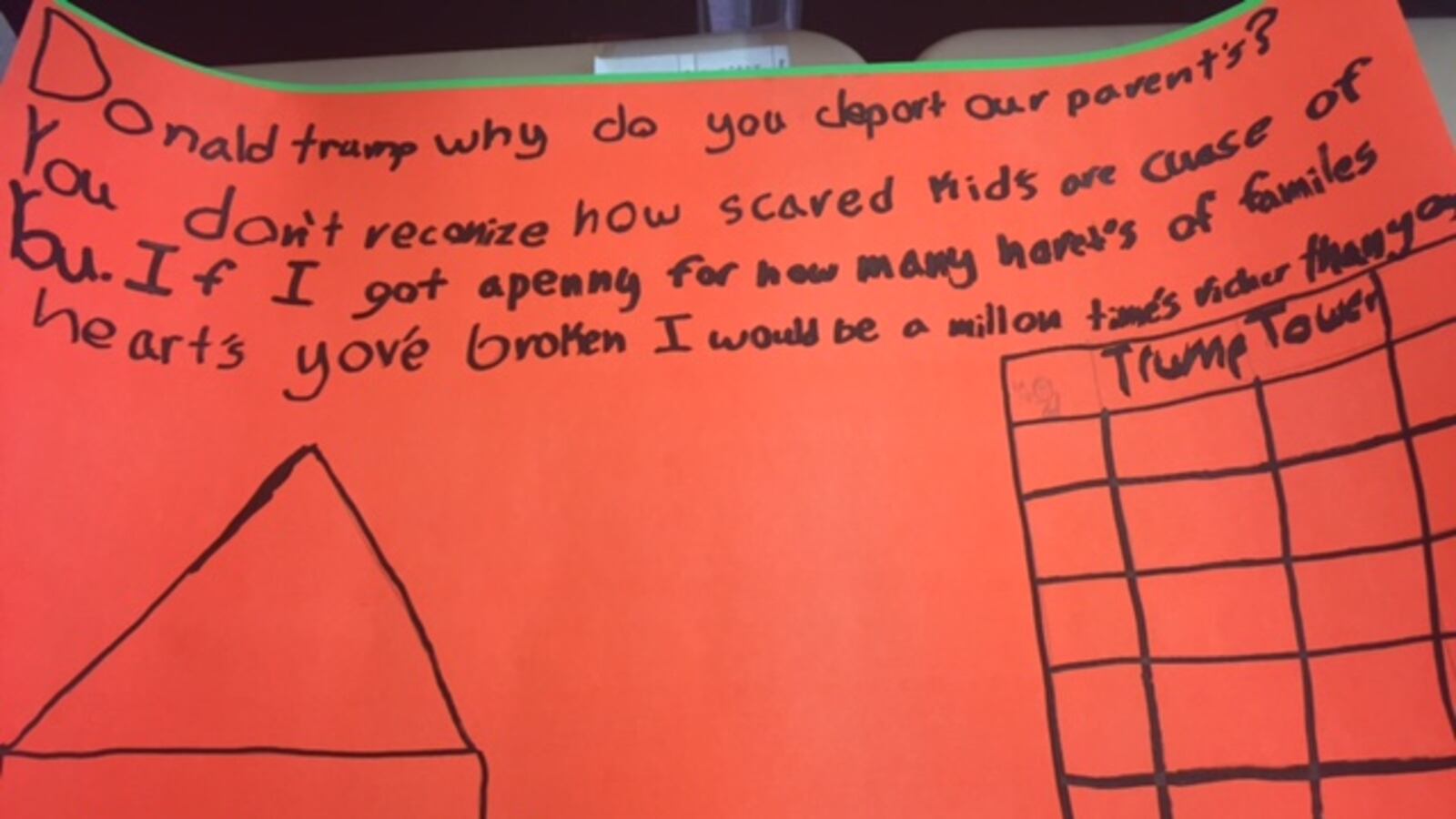 A student in an after-school program run by the Committee for Hispanic Children and Families, where Helena Yordan works, drew and wrote about his fear of Trump.