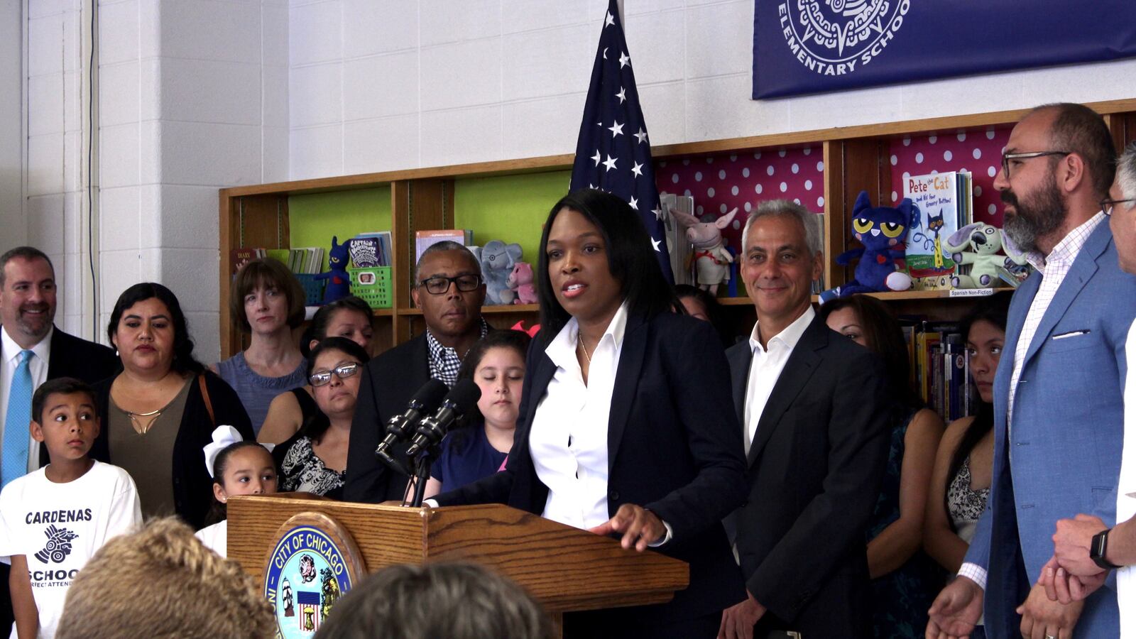 Chicago Public Schools CEO Janice Jackson announced the district's $1 billion capital plan at Lázaro Cardenas Elementary School in Little Village.