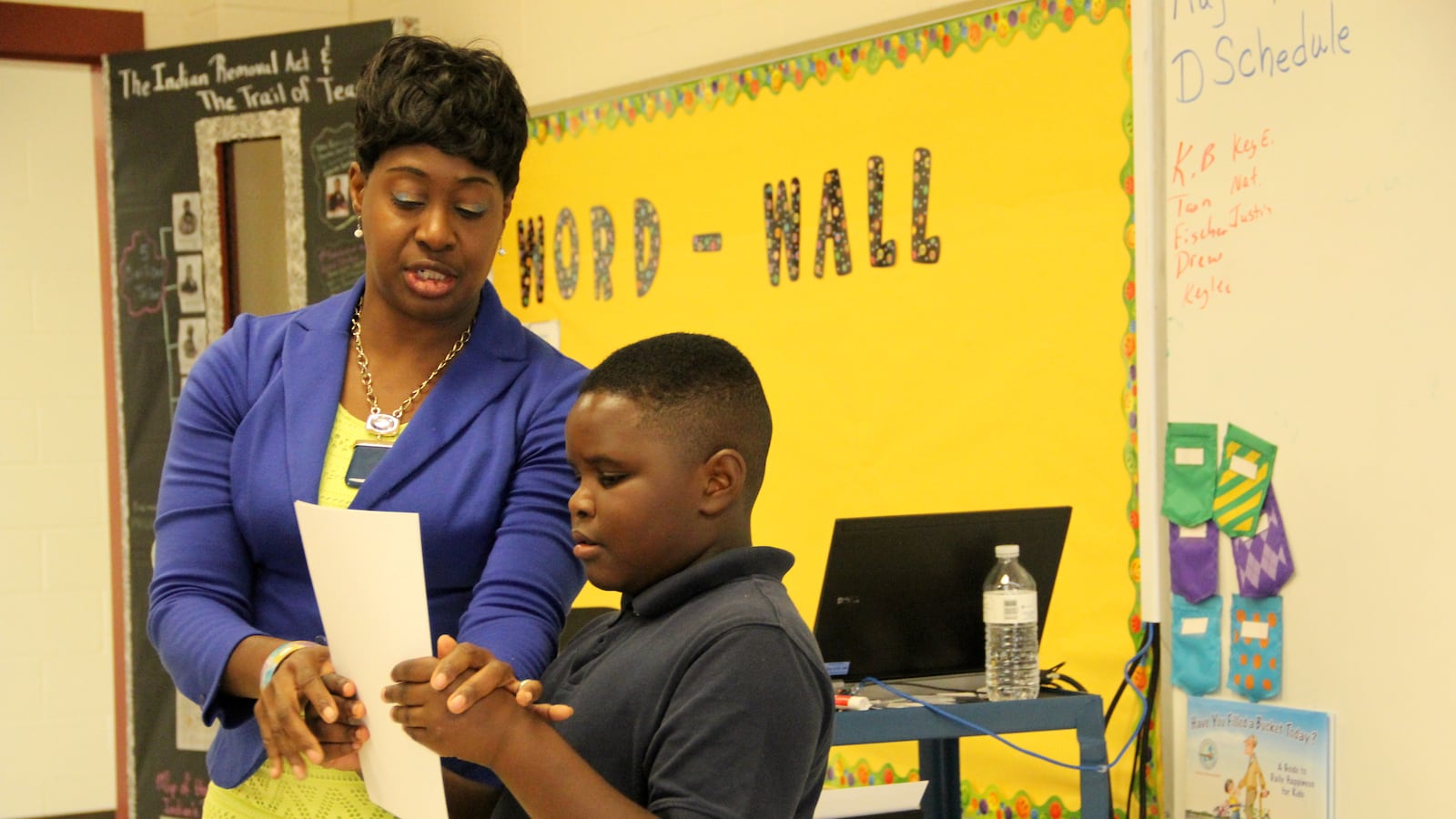Fourth grade ELA teacher and PBS digital innovator Sharon Clark helps a student during class at East Side Intermediate School in Brownsville,Tenn.