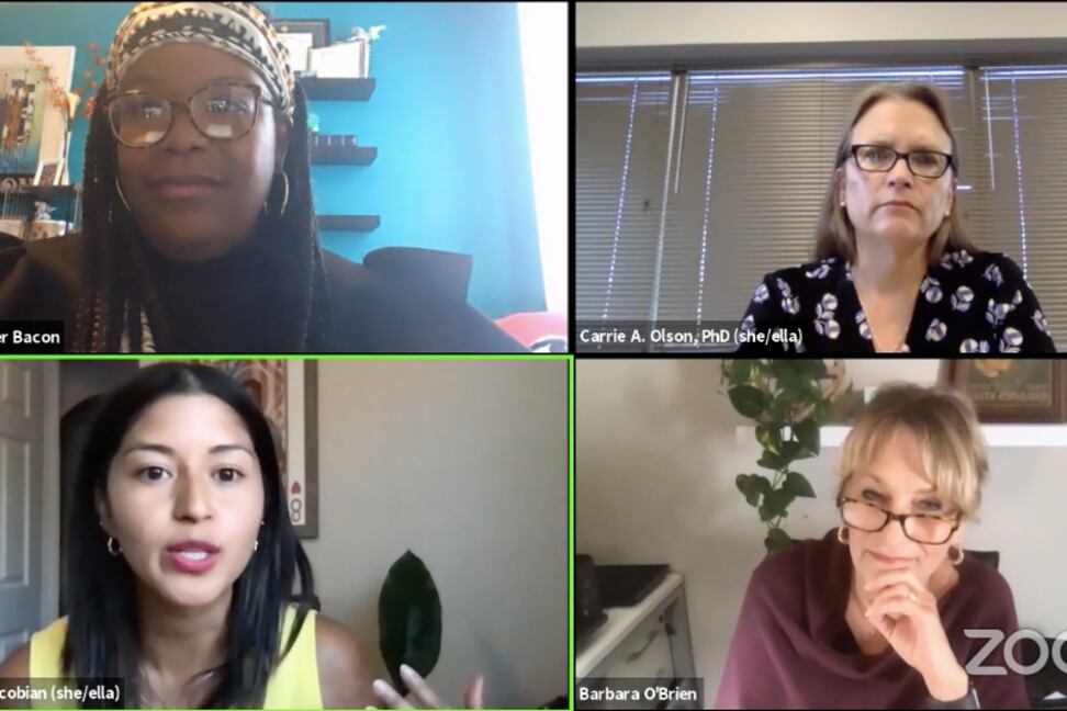 A Zoom screenshot of four Denver school board members: Jennifer Bacon, Carrie Olson, Angela Cobián, and Barbara O’Brien.