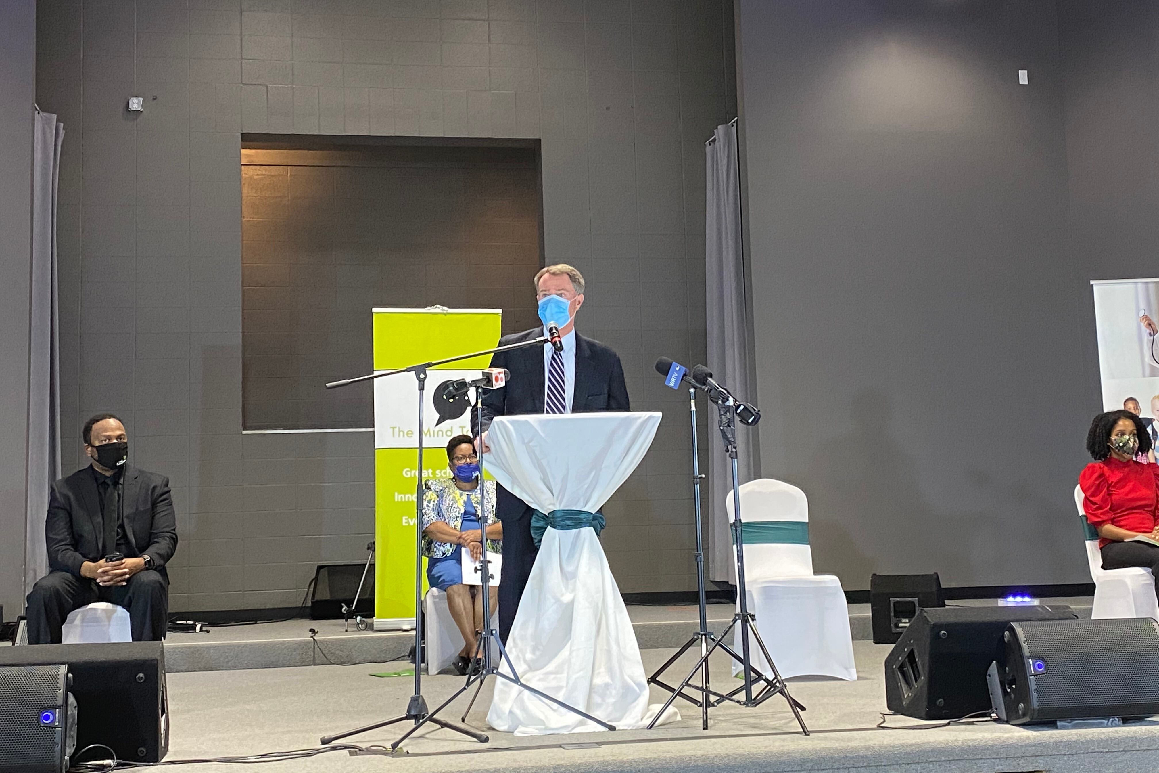 Indianapolis Mayor Joe Hogsett speaks to a press conference about extending remote learning centers.