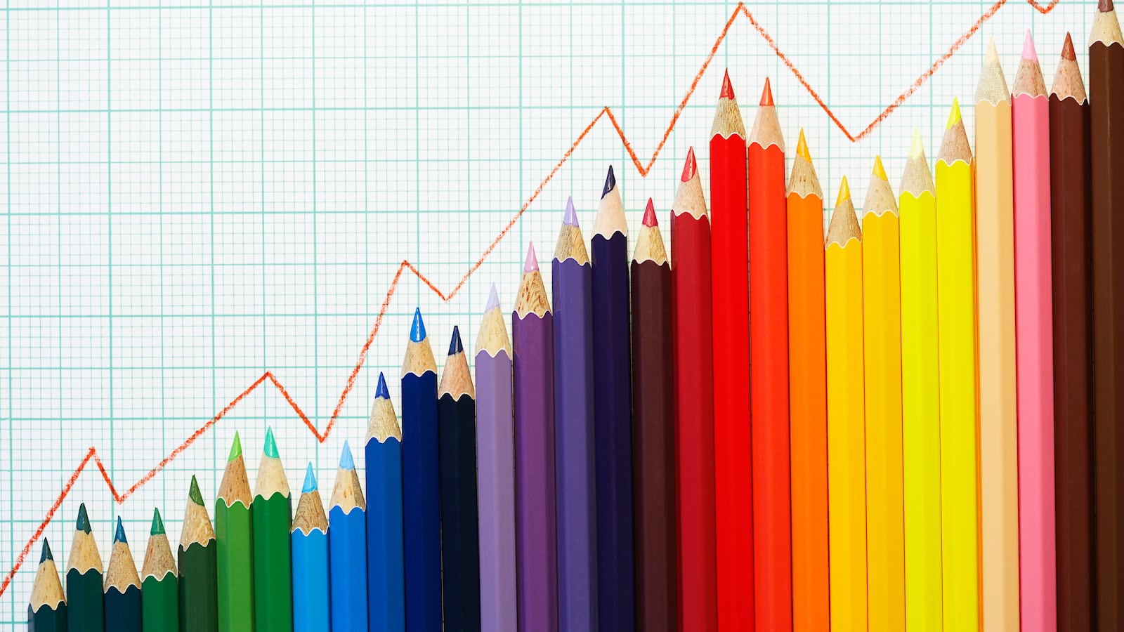 Colored pencils are lined up in the shape of a graph with a read line following the top of the pencil tips with white and blue graph paper as the background.