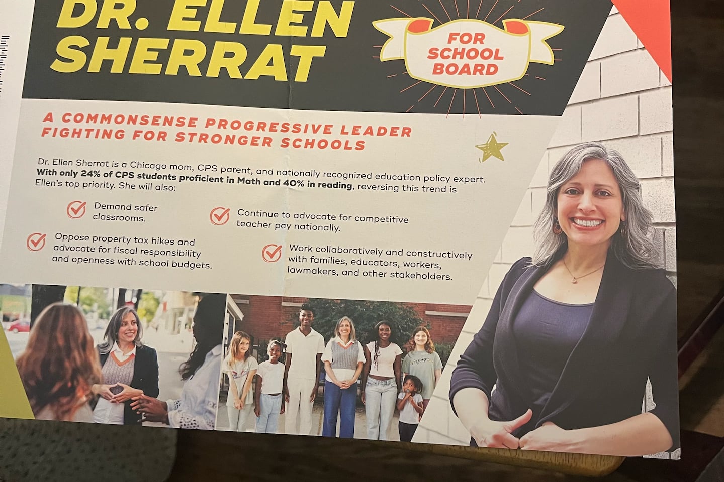 A campaign mailer from the super PAC for Illinois Network of Charter Schools describes subdistrict 4a candidate Ellen Sherratt as a CPS parent, but she's not.