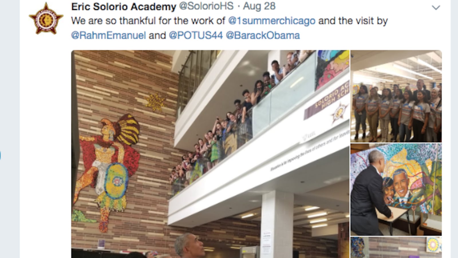 Chicago's Eric Solorio Academy tweeted about the visit of Mayor Rahm Emanuel and former President Barack Obama.