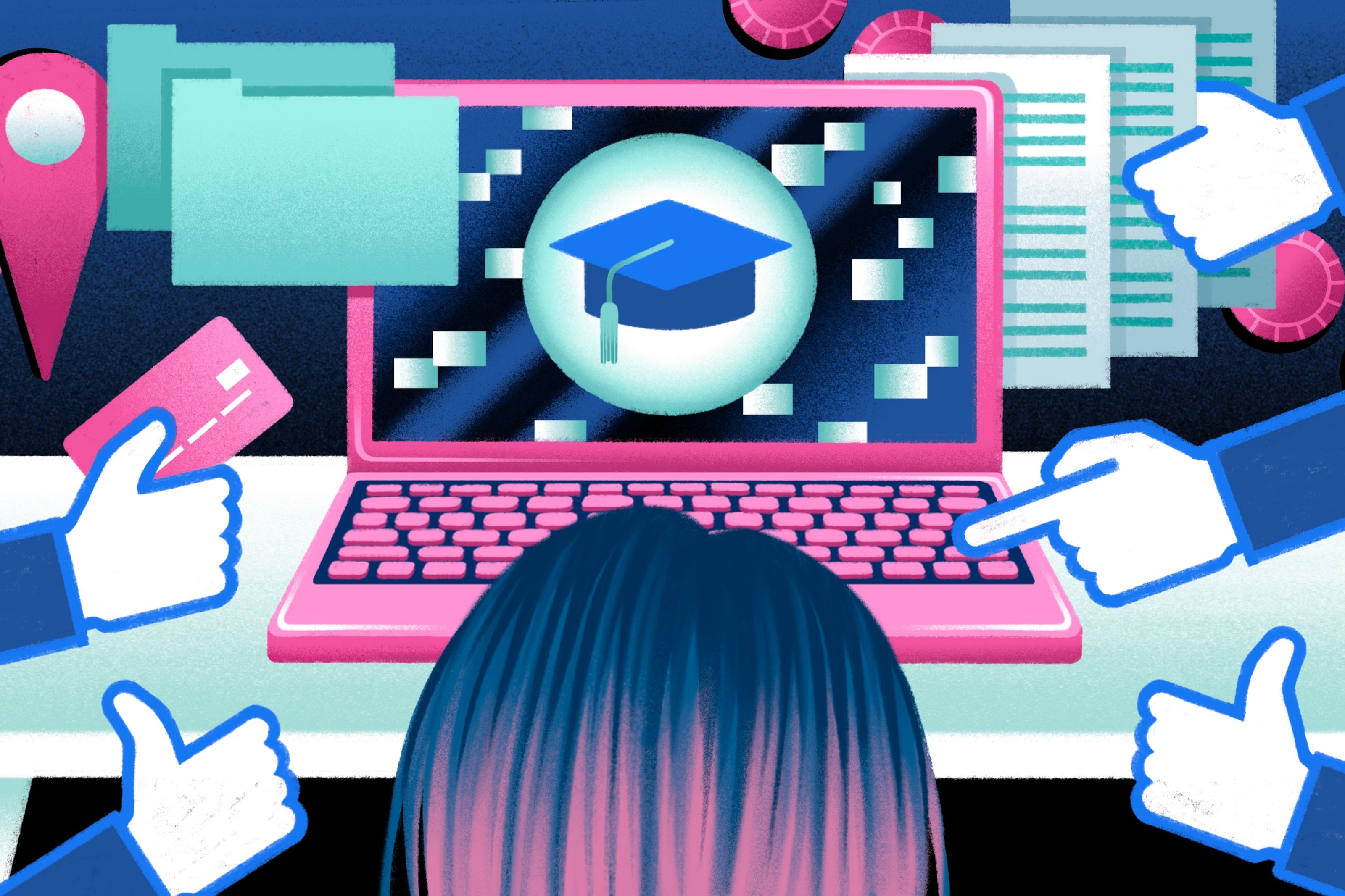 Illustration of the back of a student’s head looking at a laptop with a graduation cap on the screen. Various Facebook-like hands are grabbing information like credit cards, location pins and documents.